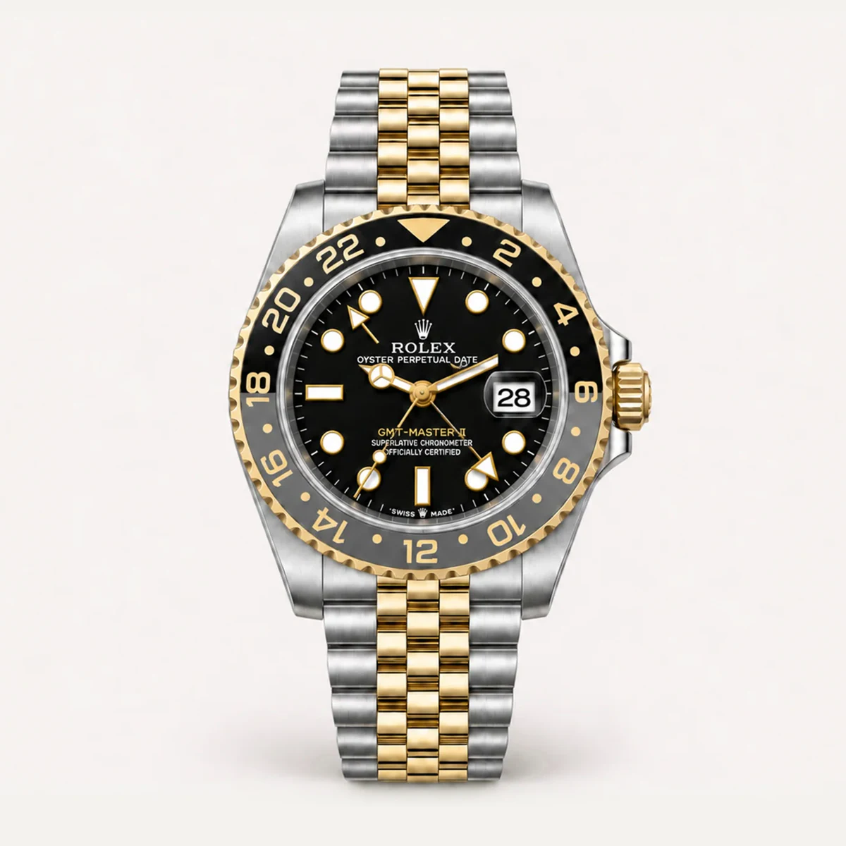 Rolex GMT-Master II 40، ميناء أسود · سوار جوبلي — صورة توضيحية وليست صورة للقطعة