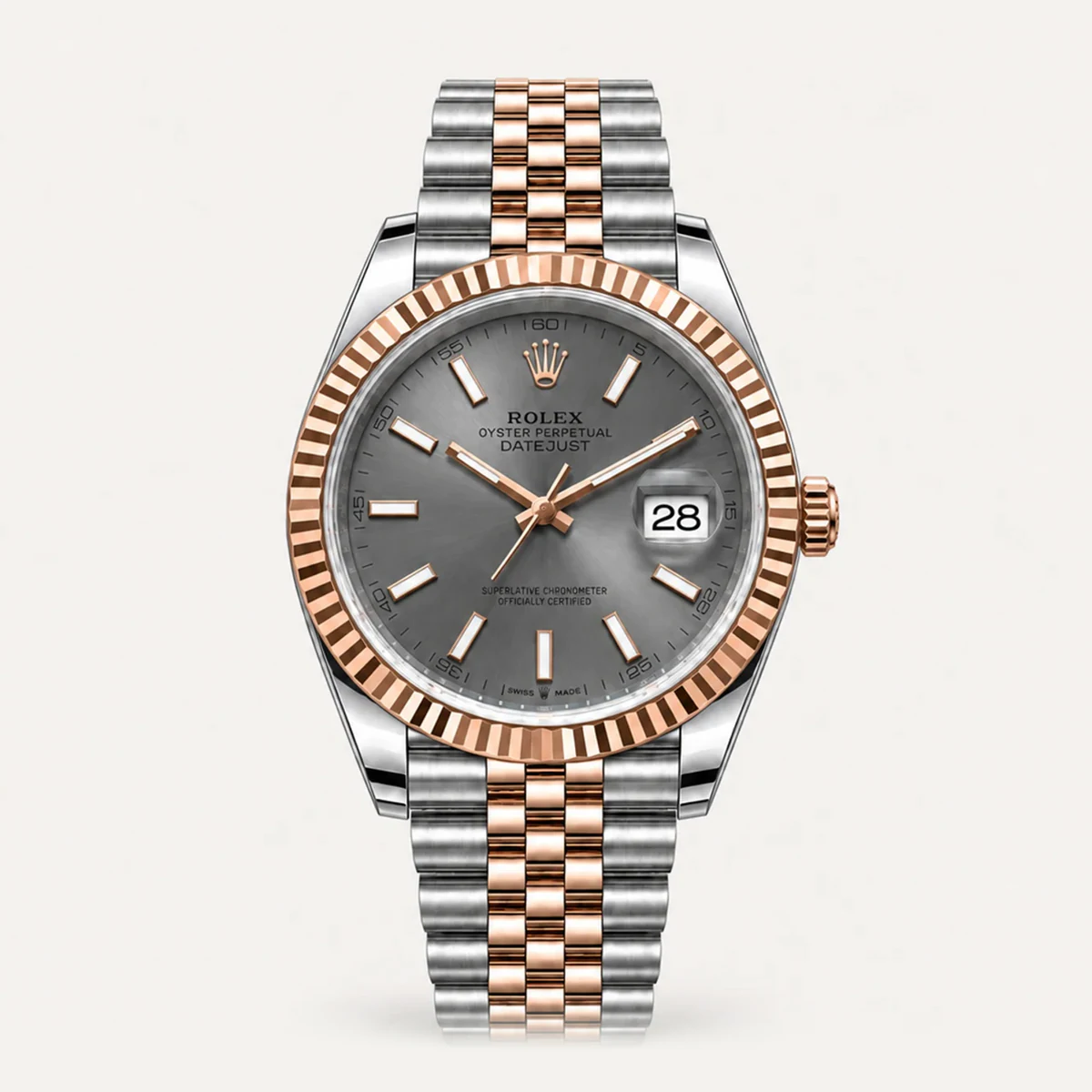 Rolex Datejust 41، ميناء رمادي أردوازي · إطار مخدد · سوار جوبلي — صورة توضيحية وليست صورة للقطعة