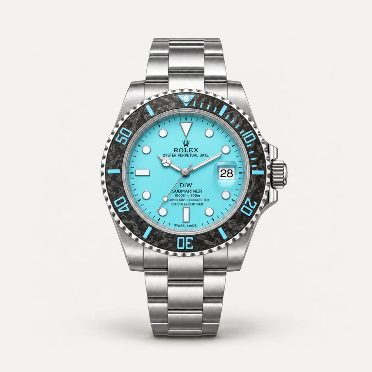 Rolex Submariner 40، DiW «Tiffany Blue» (تعديل خاص) · سوار أويستر — صورة توضيحية وليست صورة للقطعة