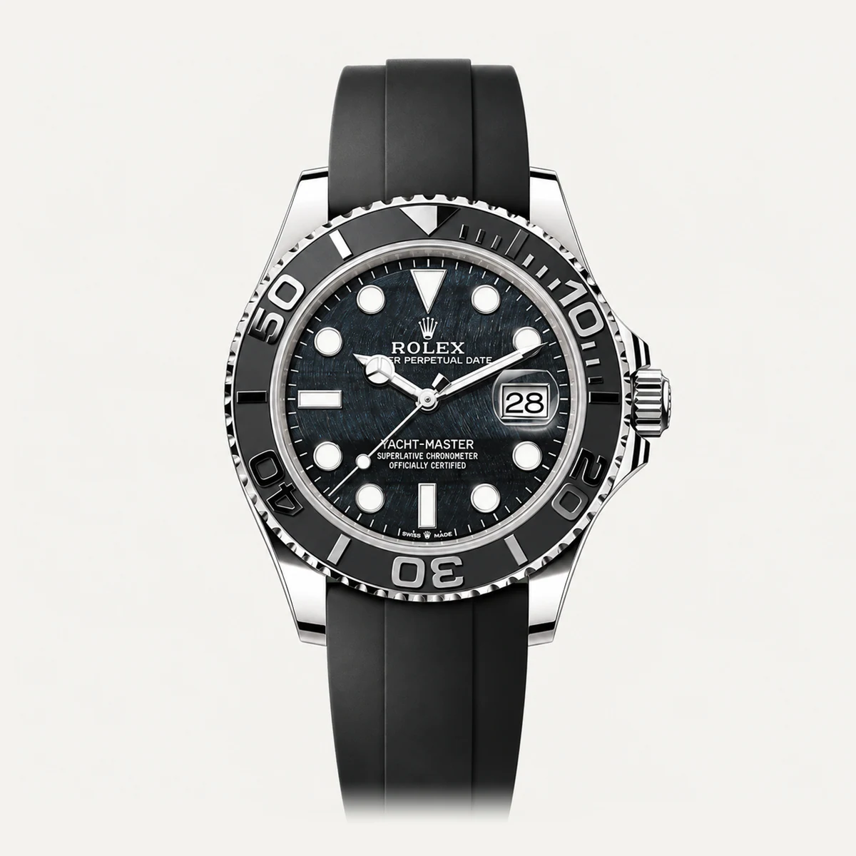 Rolex Yacht-Master 42, Falcon’s eye stone dial · Oysterflex-style strap — illustrative render, not a photograph of the piece