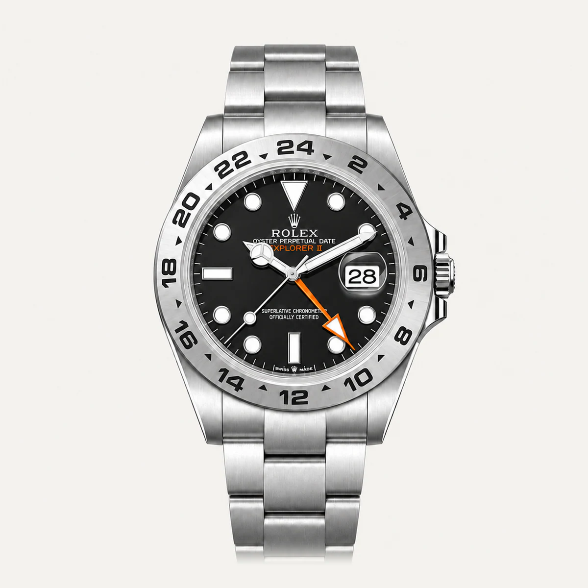 Rolex Explorer II 42, Black dial — illustrative render, not a photograph of the piece