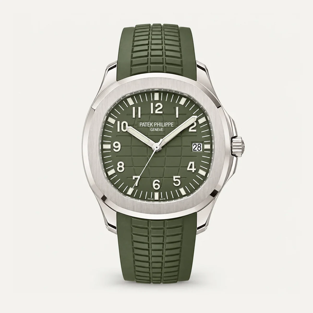 Patek Philippe Aquanaut 5168G، ميناء أخضر كاكي · لون الذهب الأبيض — صورة توضيحية وليست صورة للقطعة