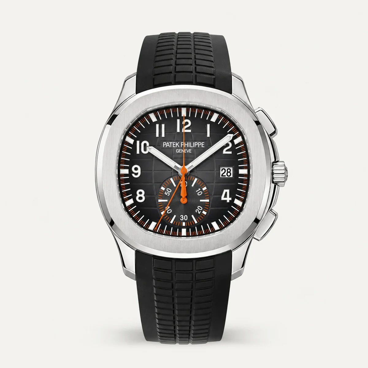 Patek Philippe Aquanaut Chronograph 5968A، ميناء أسود مع لمسات برتقالية · ستيل — صورة توضيحية وليست صورة للقطعة