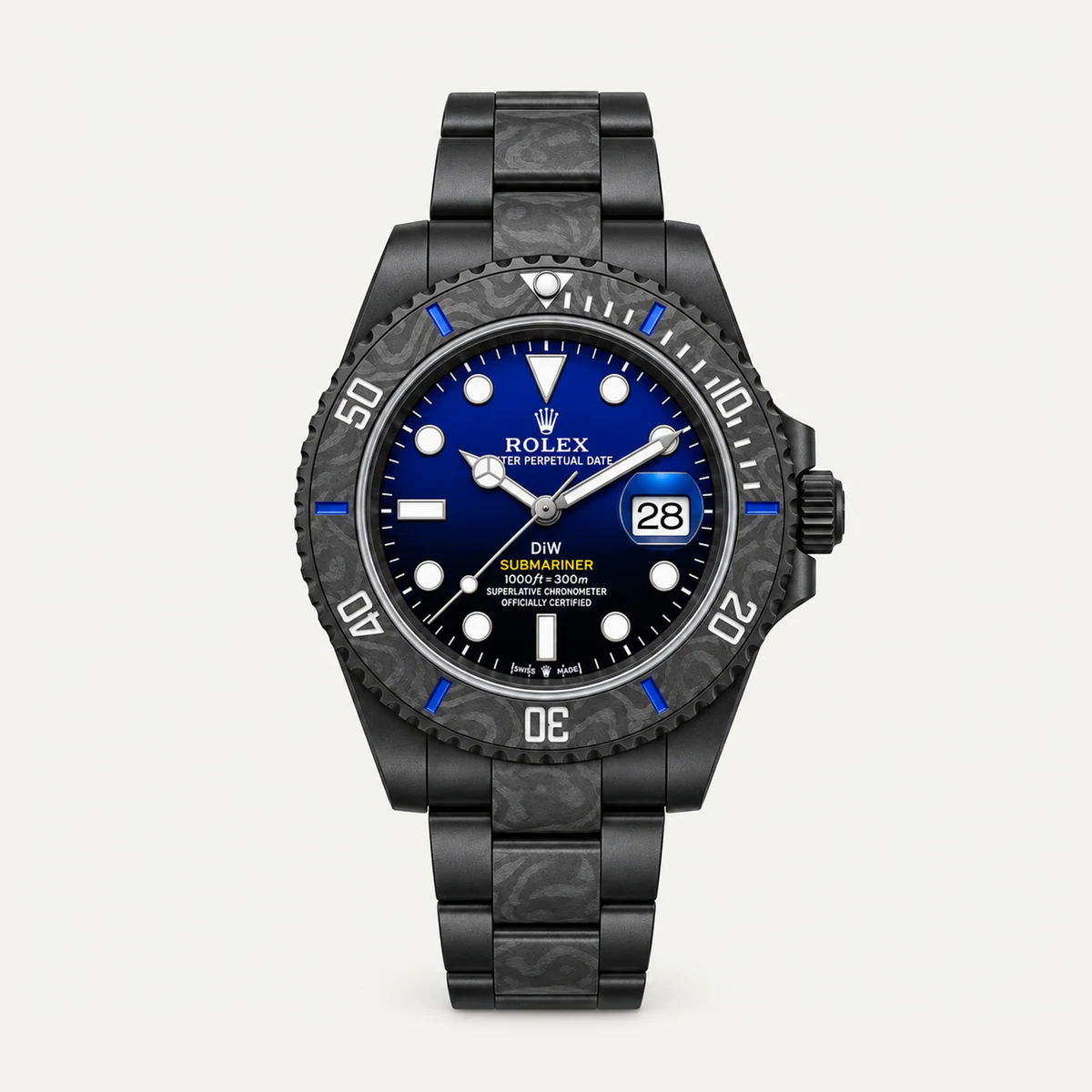 Rolex Submariner 40، DiW «Blue Gradient» (تعديل خاص) · سوار أويستر — صورة توضيحية وليست صورة للقطعة