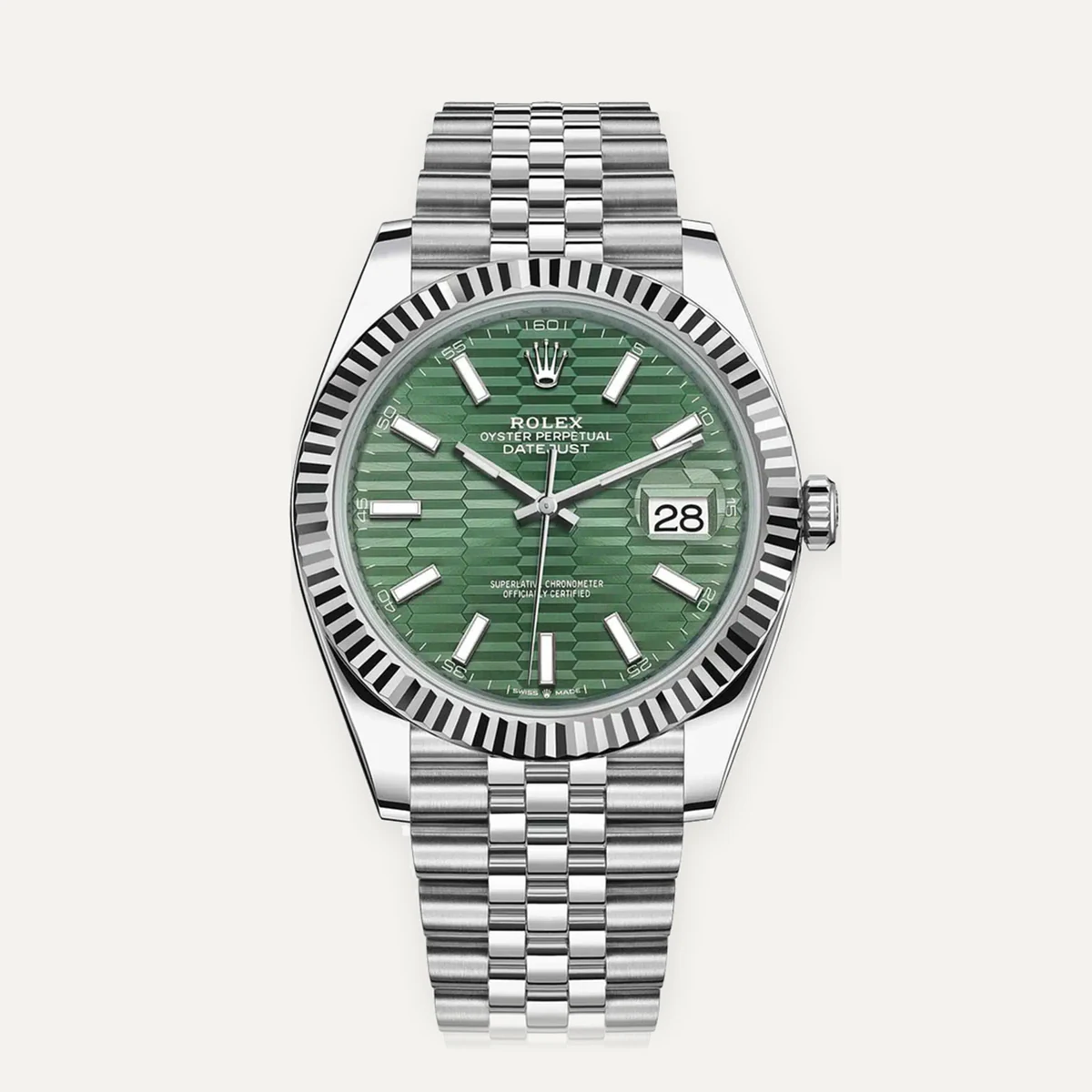 Rolex Datejust 41، ميناء أخضر بنقش مخدد · إطار مخدد · سوار جوبلي — صورة توضيحية وليست صورة للقطعة