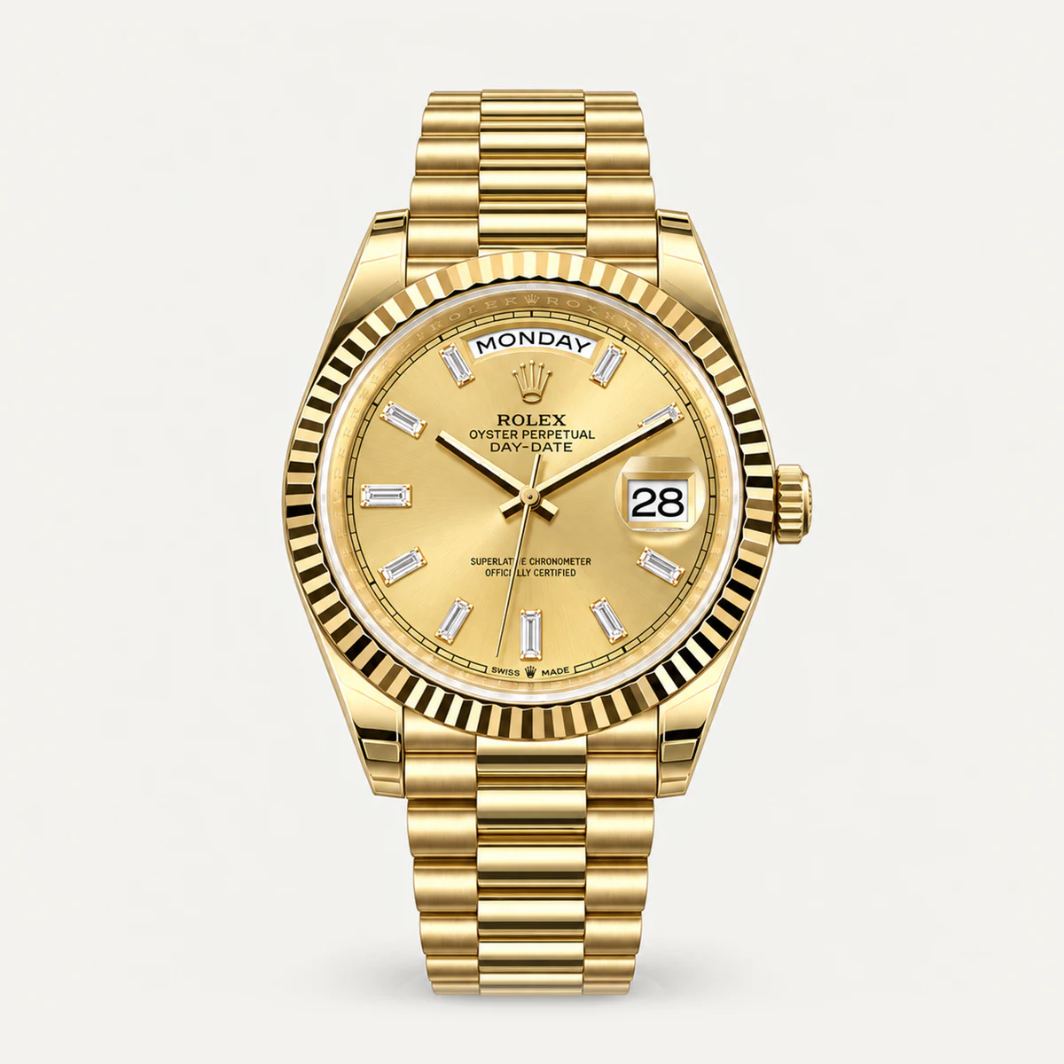 Rolex Day-Date 40، ميناء شمبانيا · مؤشرات باغيت (أحجار مقلّدة) · سوار بريزيدنت — صورة توضيحية وليست صورة للقطعة