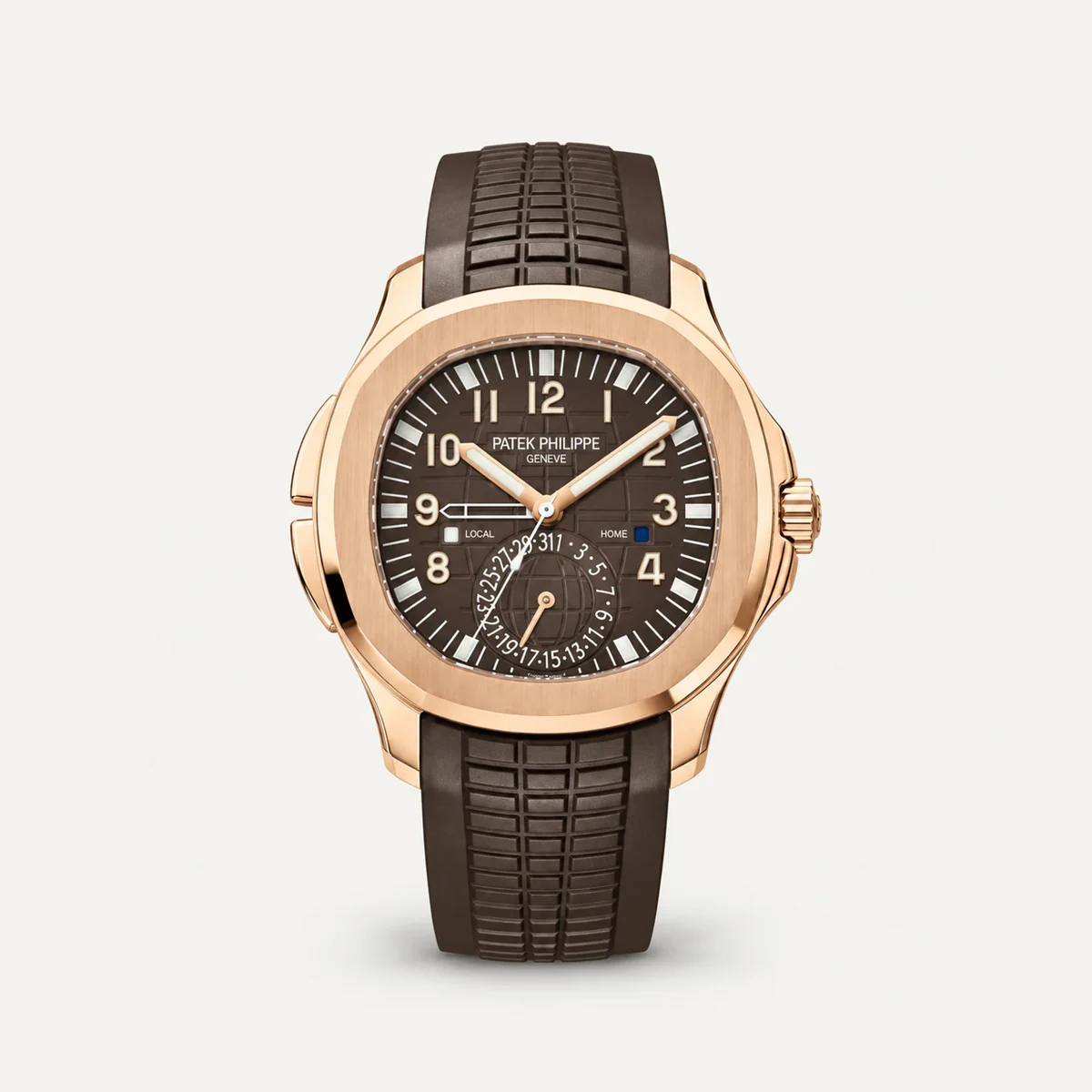 Patek Philippe Aquanaut Travel Time 5164R، ميناء بني · لون الذهب الوردي — صورة توضيحية وليست صورة للقطعة