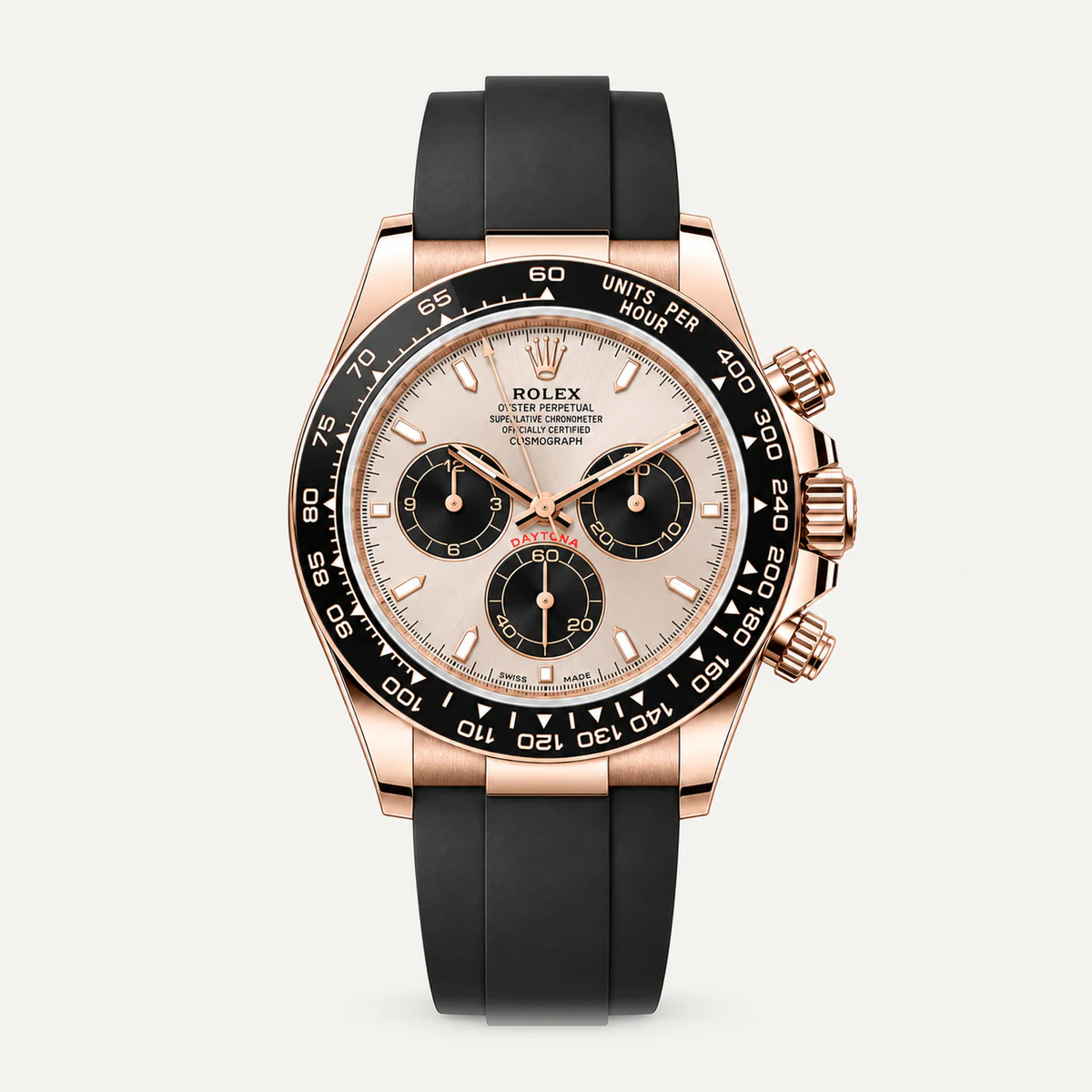 Rolex Cosmograph Daytona 40, Sundust dial · Oysterflex-style strap · Current generation — illustrative render, not a photograph of the piece