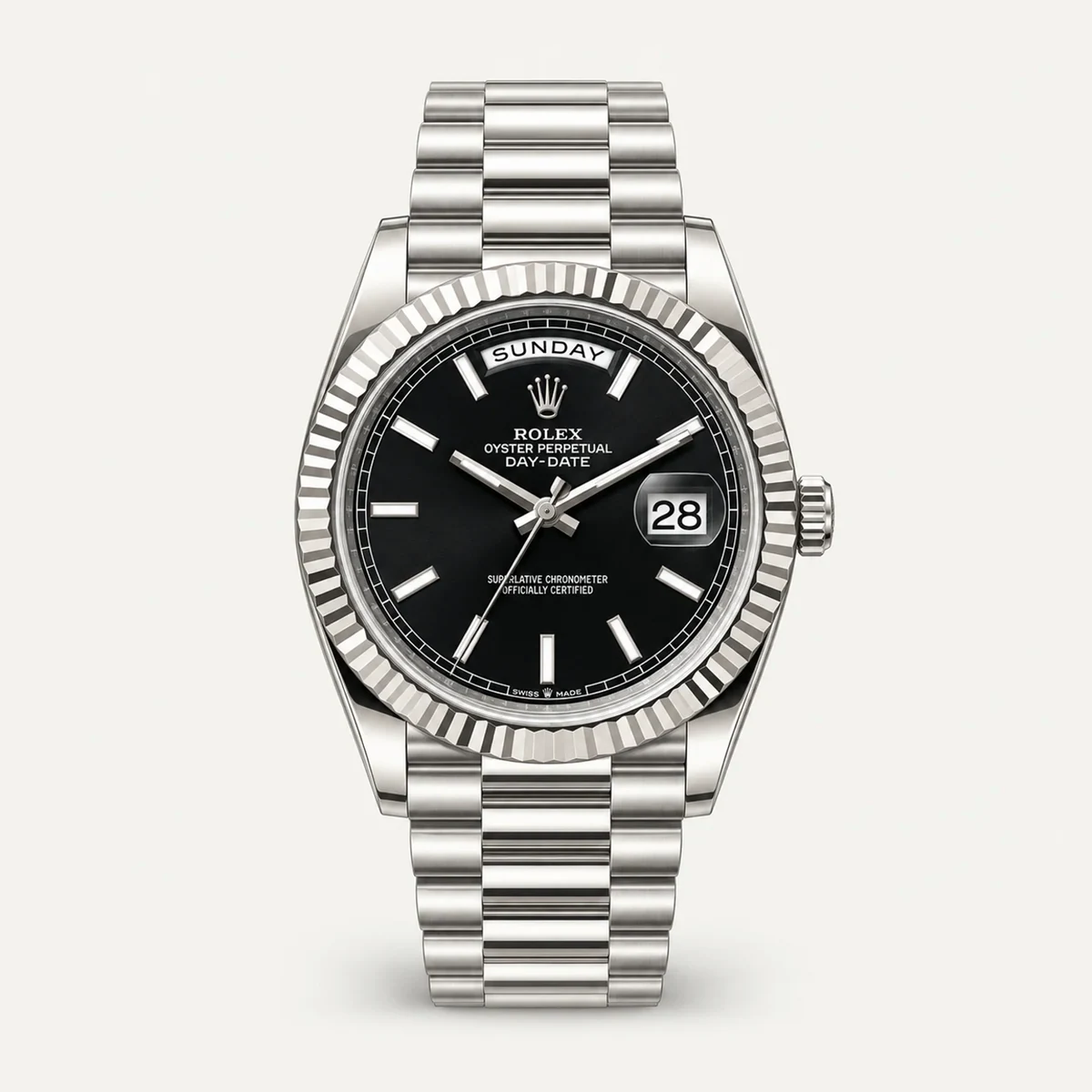 Rolex Day-Date 40، ميناء أسود · سوار بريزيدنت — صورة توضيحية وليست صورة للقطعة