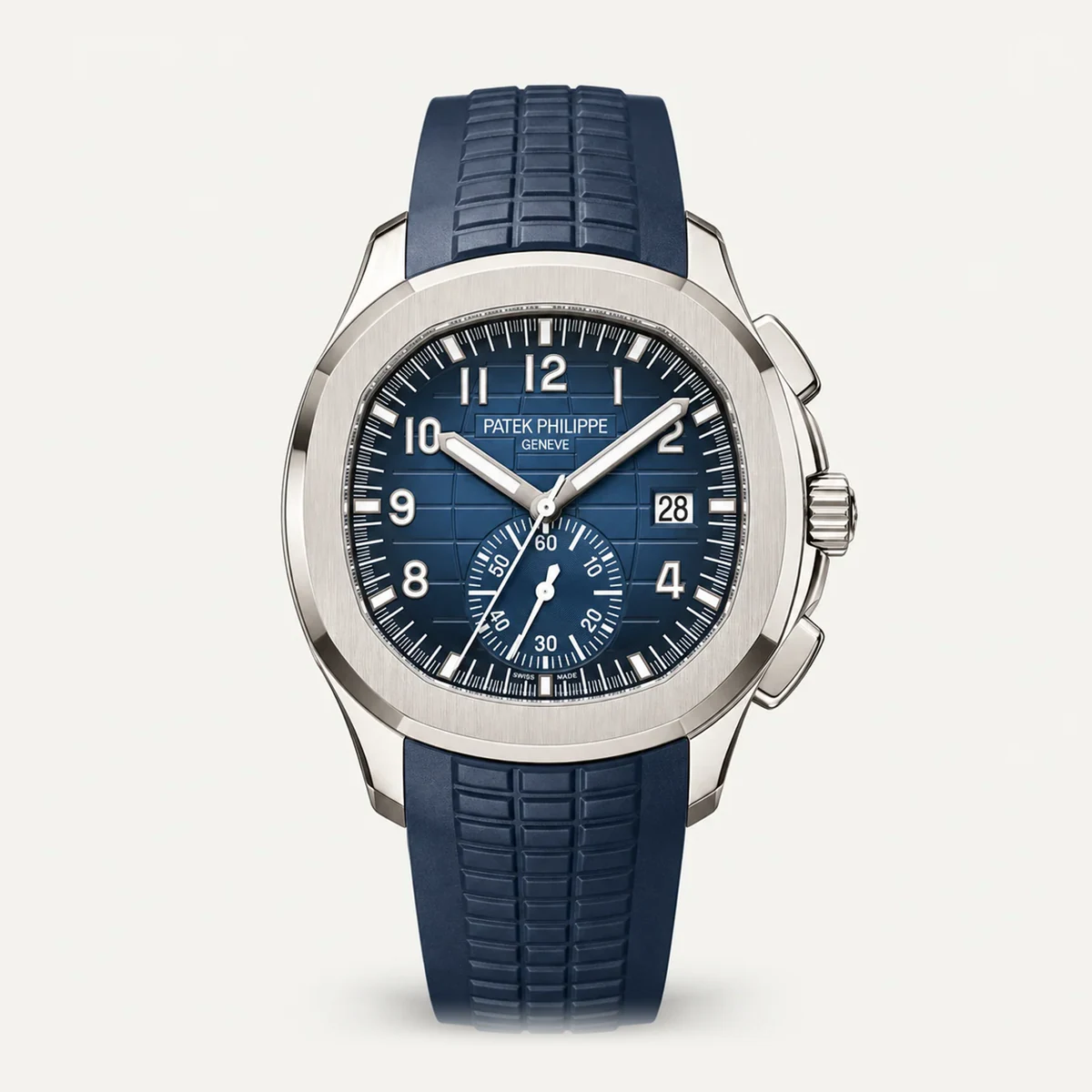 Patek Philippe Aquanaut Chronograph 5968G، ميناء أزرق · لون الذهب الأبيض — صورة توضيحية وليست صورة للقطعة