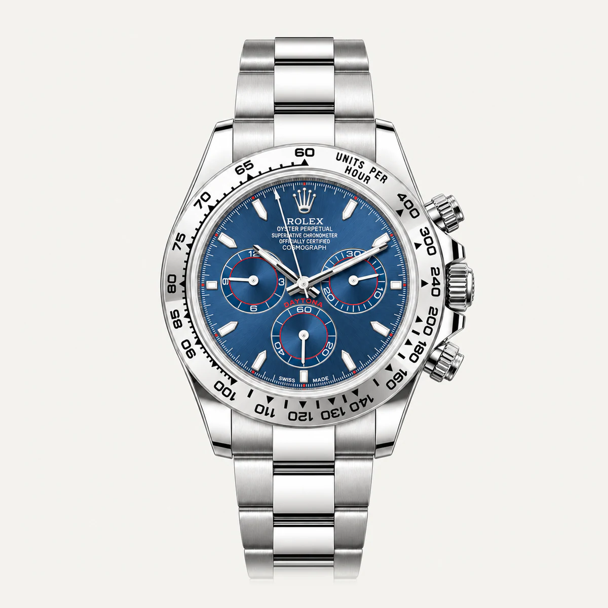 Rolex Cosmograph Daytona 40, Blue dial · Oyster · Current generation — illustrative render, not a photograph of the piece