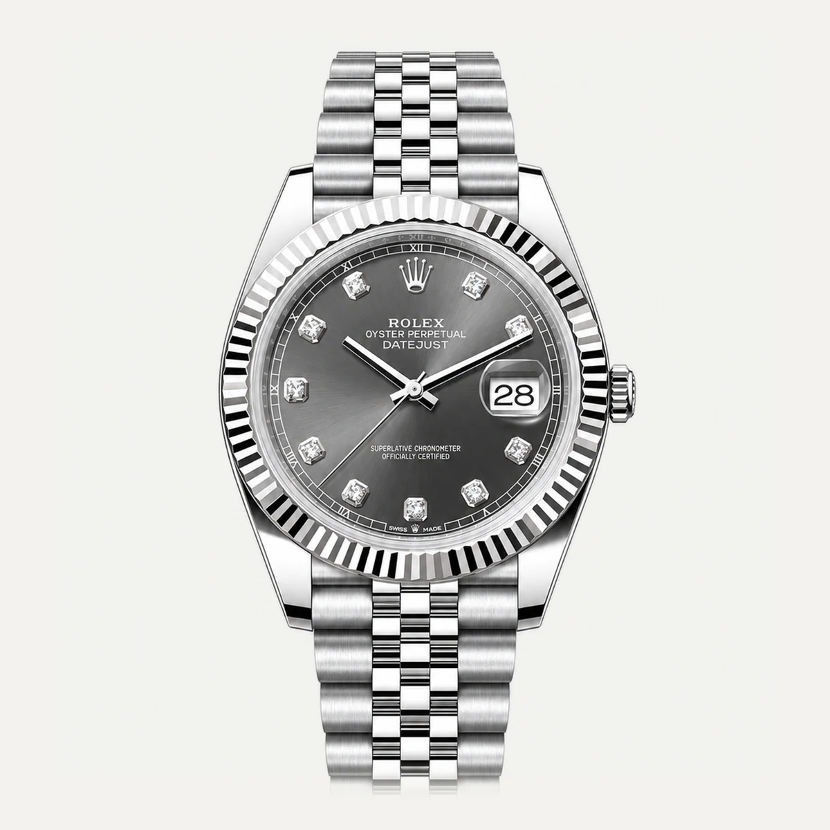 Rolex Datejust 41، ميناء رمادي أردوازي · إطار مخدد · مؤشرات مرصّعة (أحجار مقلّدة) · سوار جوبلي — صورة توضيحية وليست صورة للقطعة