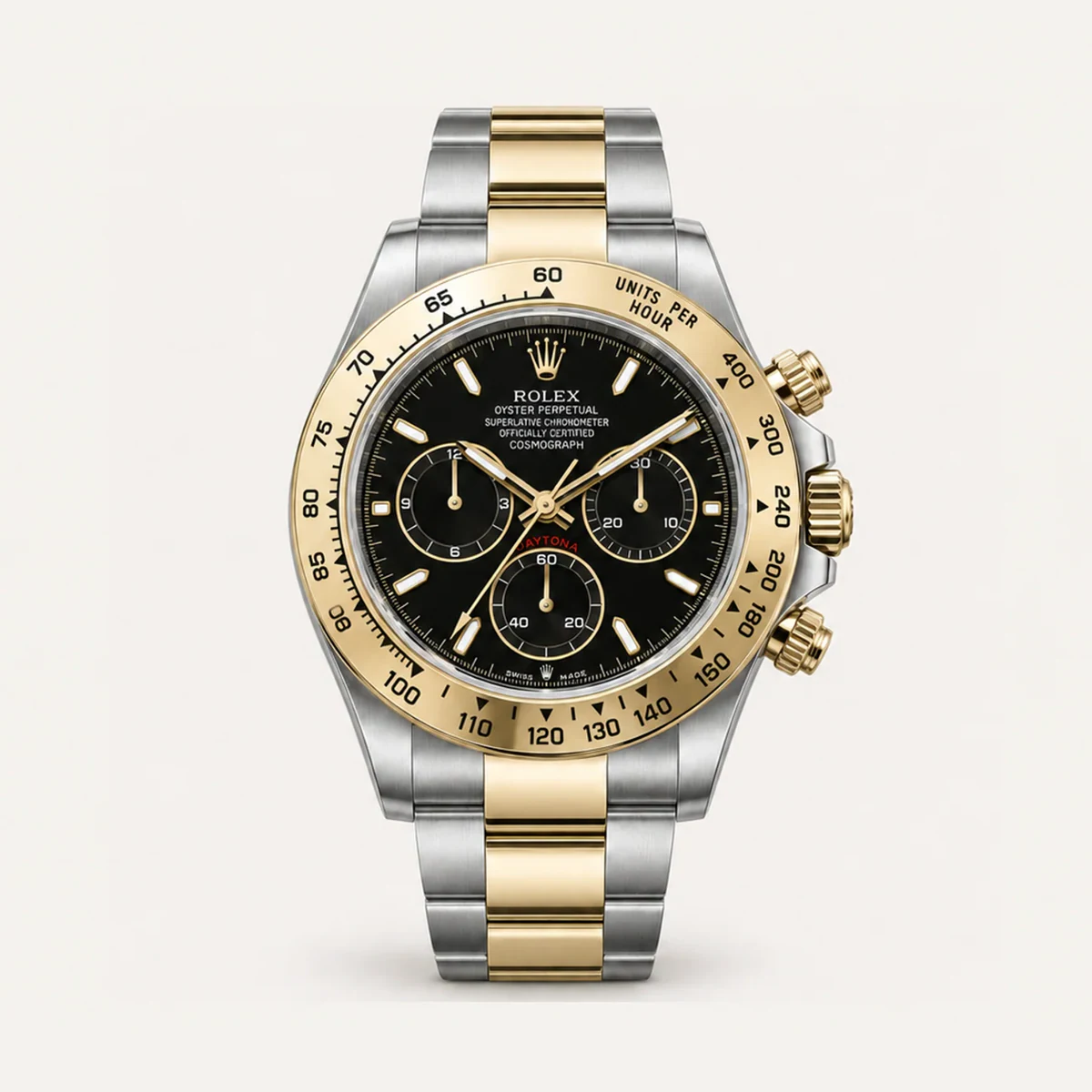 Rolex Cosmograph Daytona 40، ميناء أسود · سوار أويستر · الجيل الحالي — صورة توضيحية وليست صورة للقطعة