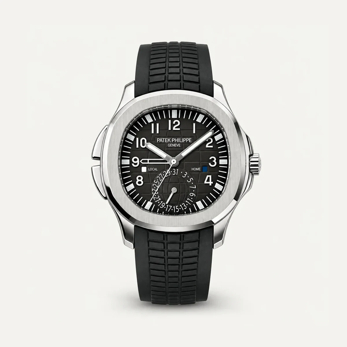 Patek Philippe Aquanaut Travel Time 5164A, Black dial · Steel — illustrative render, not a photograph of the piece