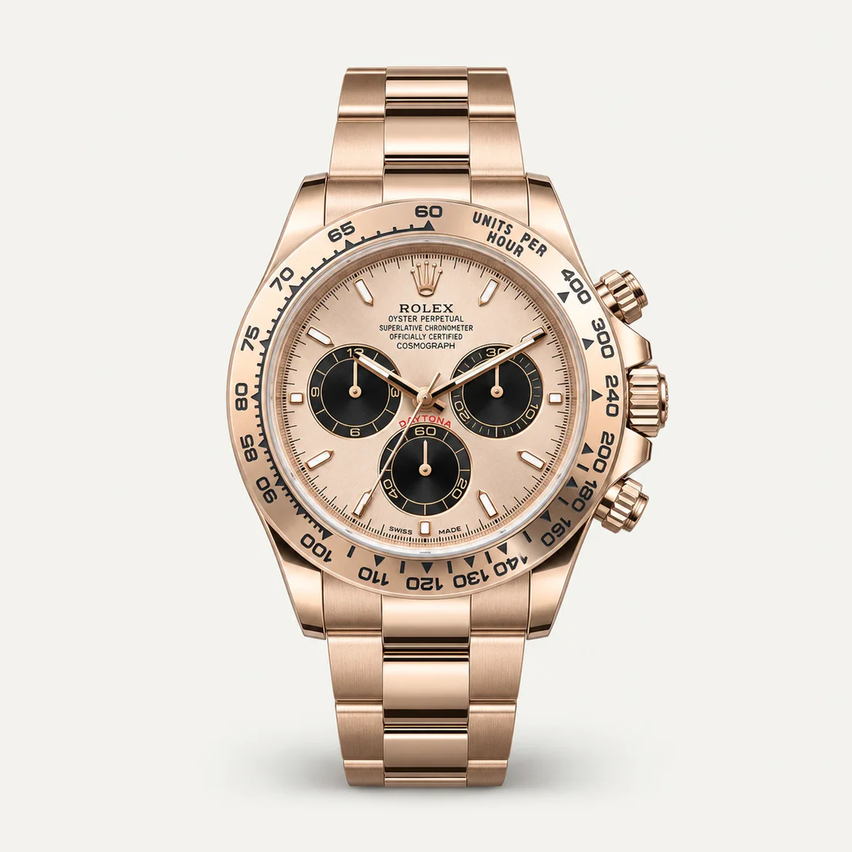 Rolex Cosmograph Daytona 40، ميناء بلون الذهب الوردي مع عدادات سوداء · سوار أويستر · الجيل الحالي — صورة توضيحية وليست صورة للقطعة
