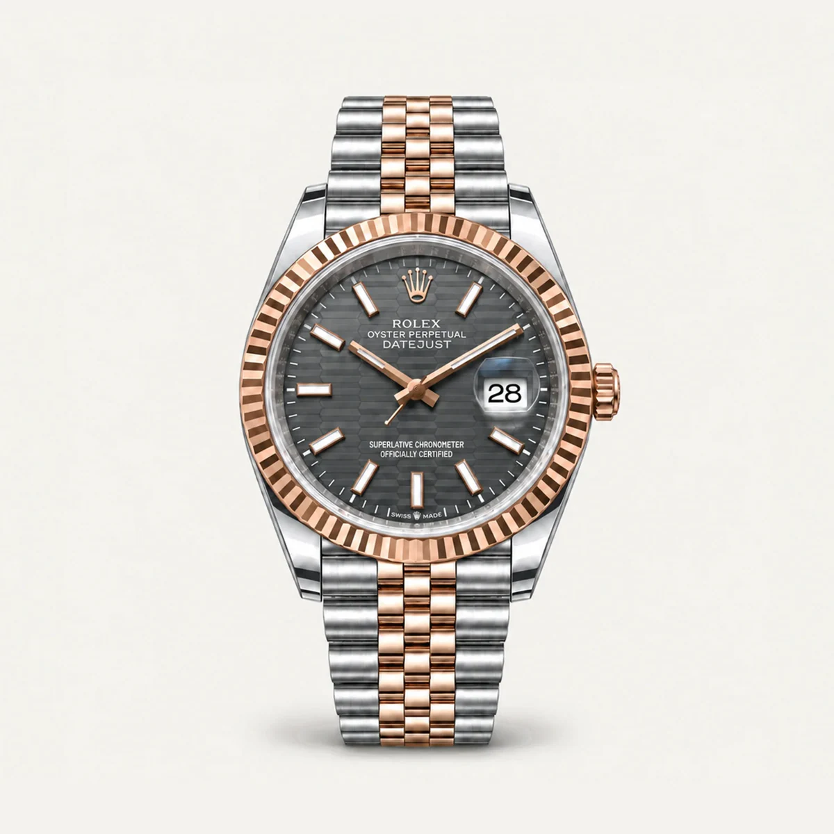 Rolex Datejust 36، ميناء أردوازي بنقش مخدد · إطار مخدد · سوار جوبلي — صورة توضيحية وليست صورة للقطعة