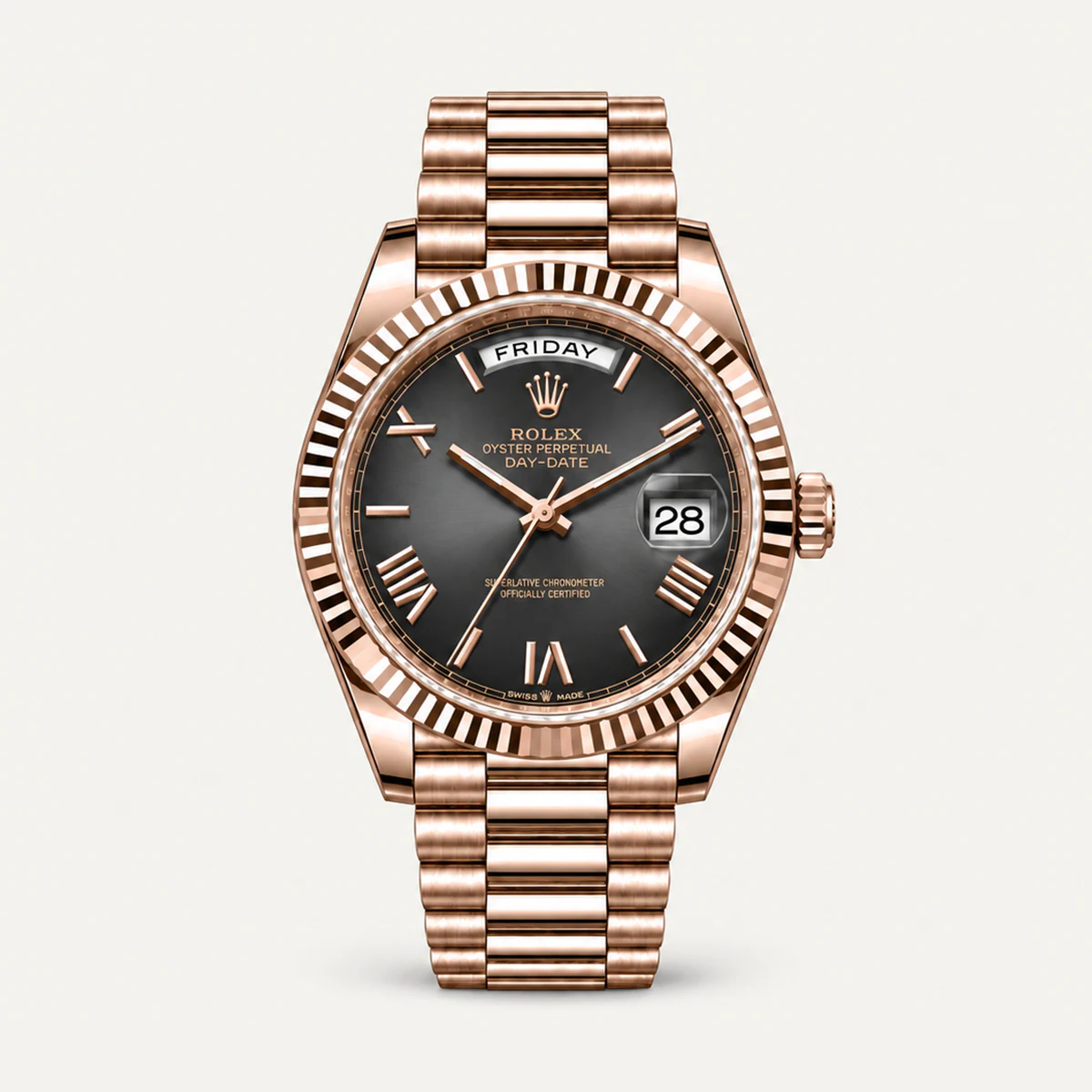Rolex Day-Date 40, Grey gradient dial · Roman numerals · President — illustrative render, not a photograph of the piece