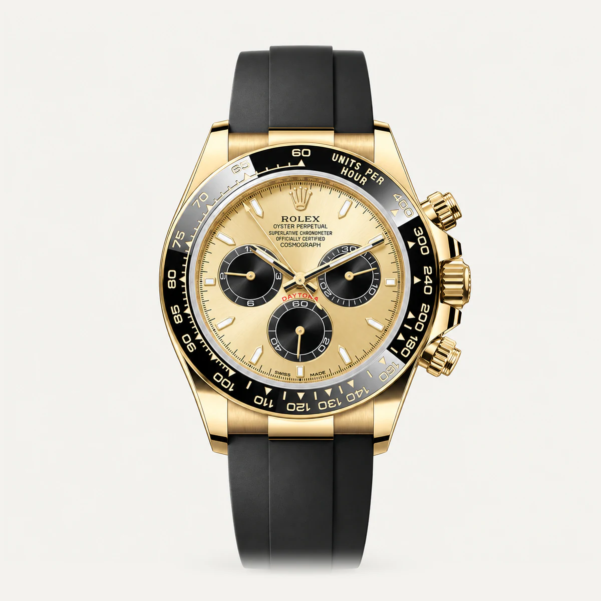 Rolex Cosmograph Daytona 40، ميناء شمبانيا · حزام بنمط أويسترفليكس · الجيل الحالي — صورة توضيحية وليست صورة للقطعة