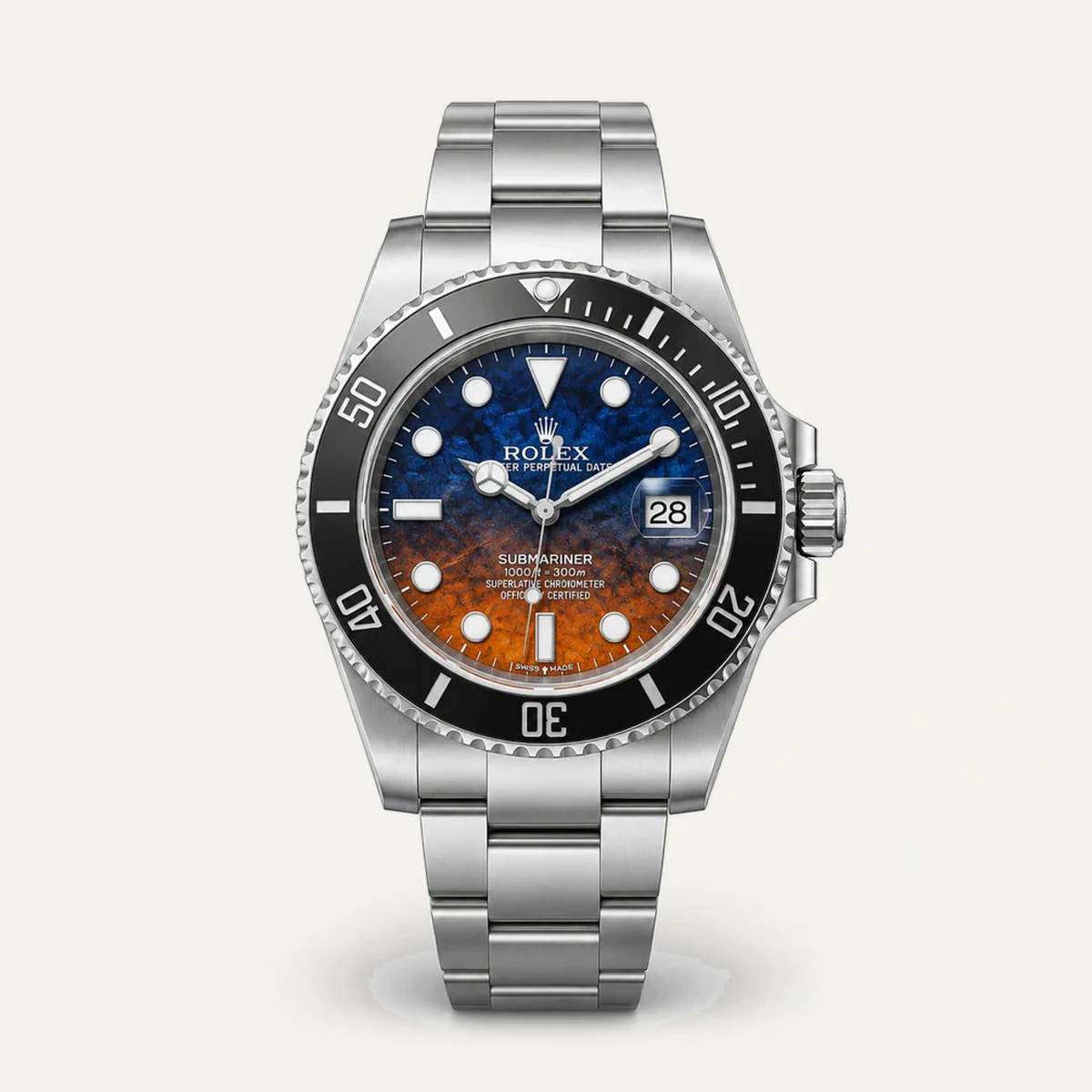 Rolex Submariner 40، DiW «Orange Blue» (تعديل خاص) · سوار أويستر — صورة توضيحية وليست صورة للقطعة