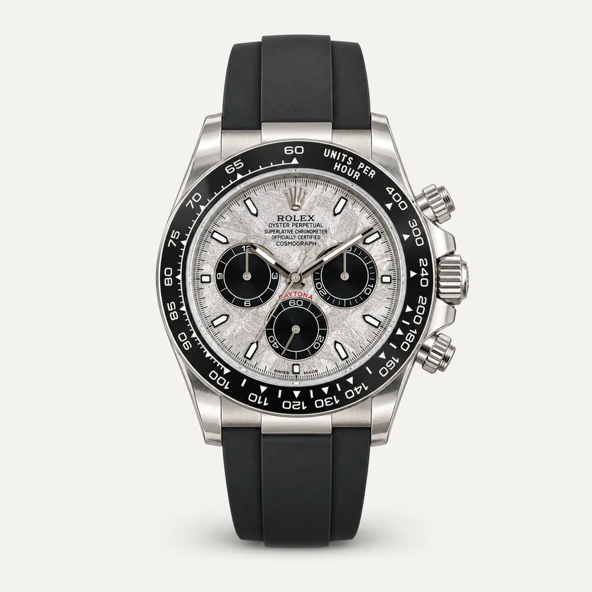 Rolex Cosmograph Daytona 40، ميناء بمظهر النيزك · حزام بنمط أويسترفليكس · الجيل الحالي — صورة توضيحية وليست صورة للقطعة