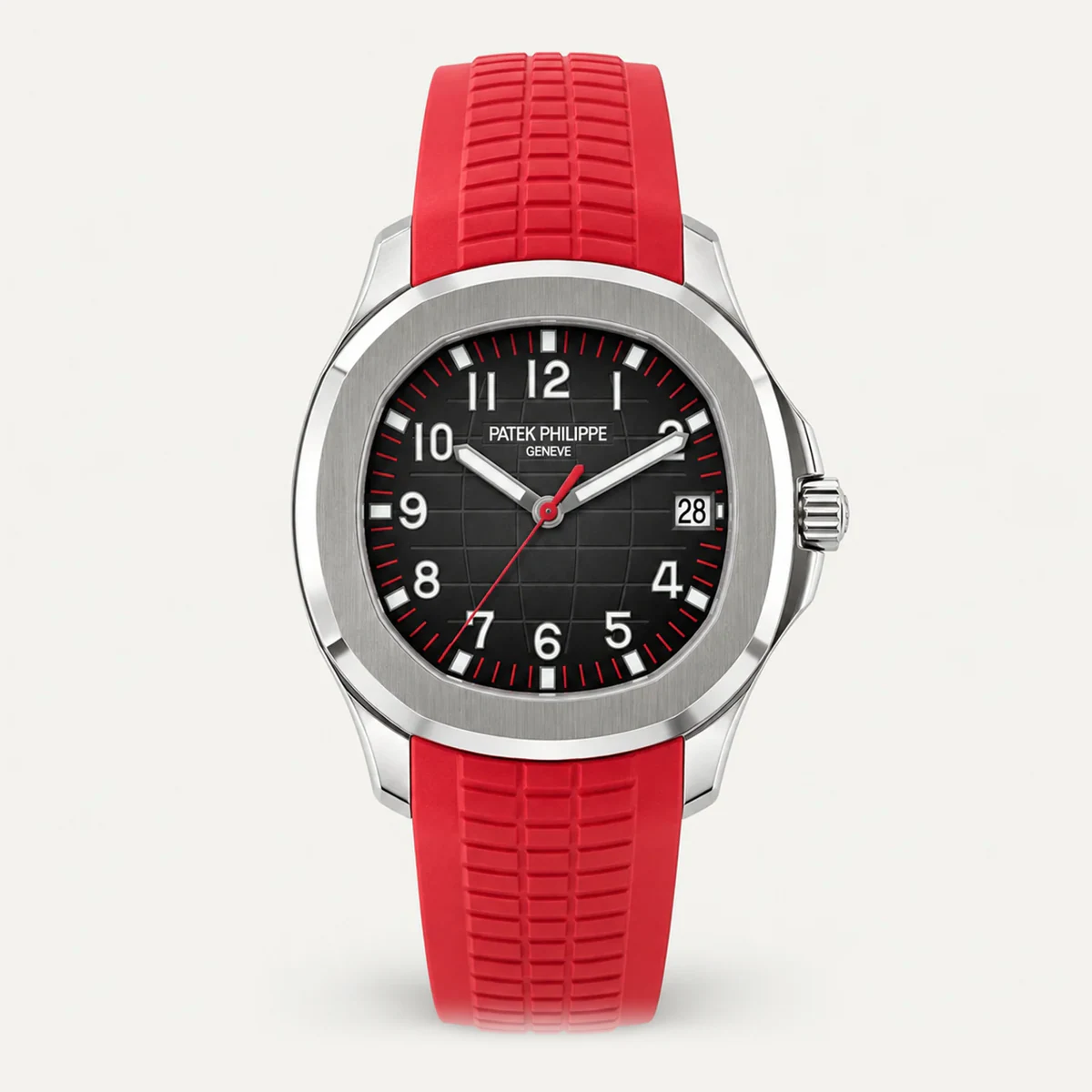 Patek Philippe Aquanaut 5167A، ميناء أسود مع لمسات حمراء · ستيل — صورة توضيحية وليست صورة للقطعة