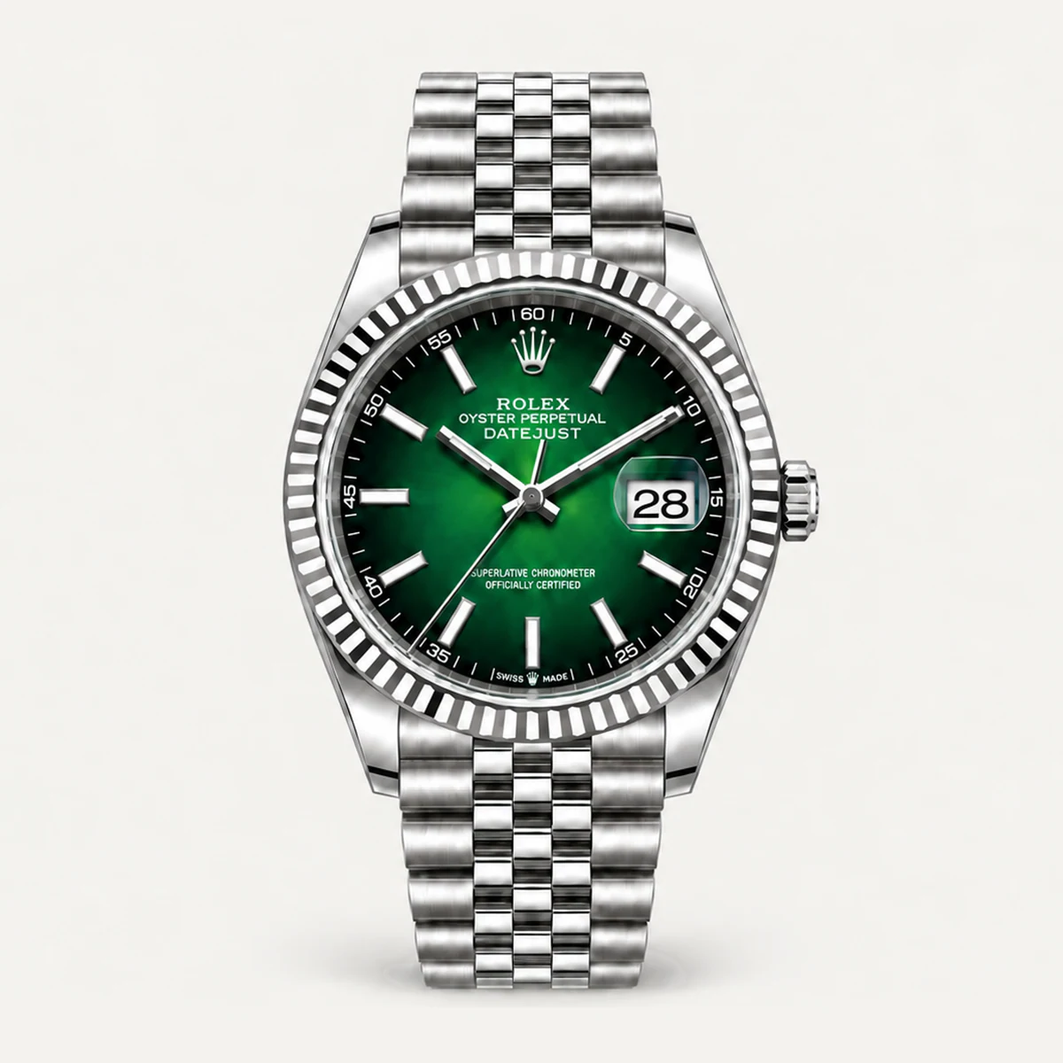 Rolex Datejust 41, Green gradient dial · Fluted bezel · Jubilee — illustrative render, not a photograph of the piece