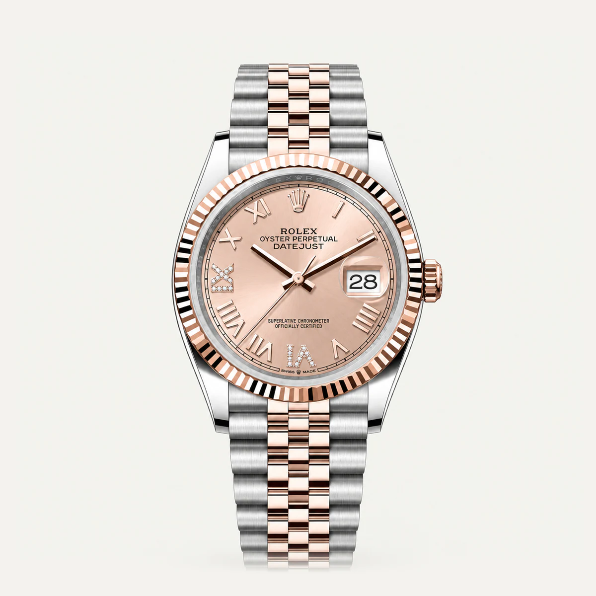 Rolex Datejust 36، ميناء وردي · إطار مخدد · أرقام رومانية مع 6 و9 مرصّعة · سوار جوبلي — صورة توضيحية وليست صورة للقطعة