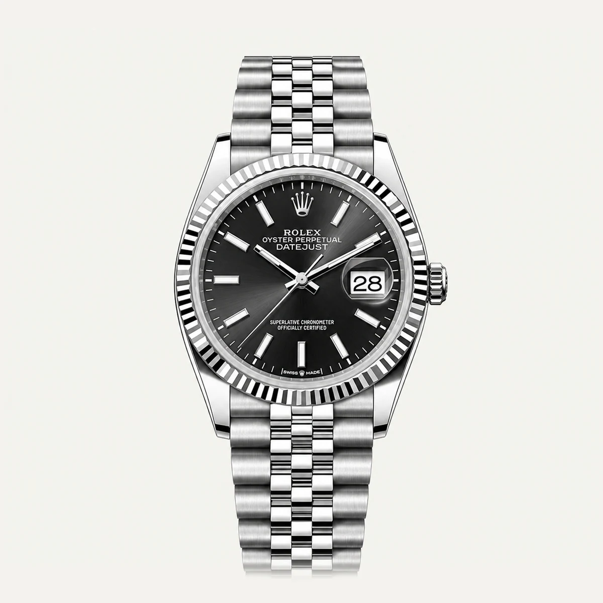 Rolex Datejust 36، ميناء أسود · إطار مخدد · سوار جوبلي — صورة توضيحية وليست صورة للقطعة