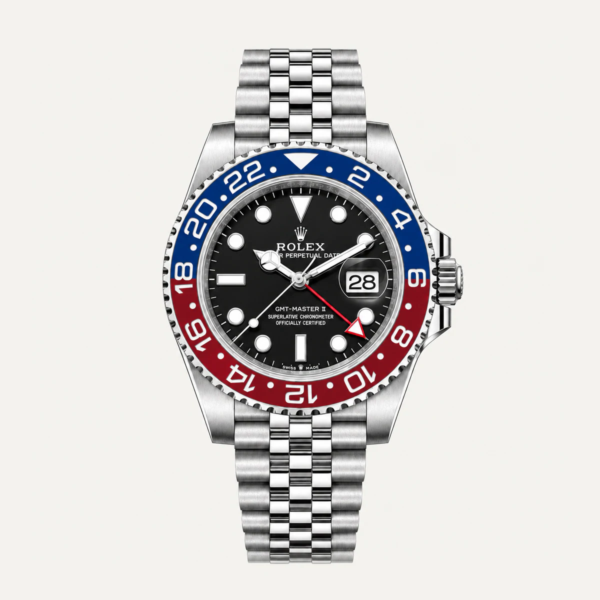 Rolex GMT-Master II 40, Black dial · Jubilee — illustrative render, not a photograph of the piece