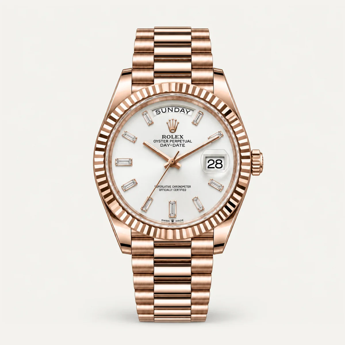 Rolex Day-Date 40، ميناء أبيض · مؤشرات باغيت (أحجار مقلّدة) · سوار بريزيدنت — صورة توضيحية وليست صورة للقطعة