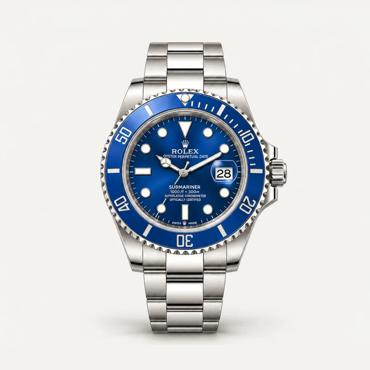 Rolex Submariner 40، ميناء أزرق · سوار أويستر — صورة توضيحية وليست صورة للقطعة