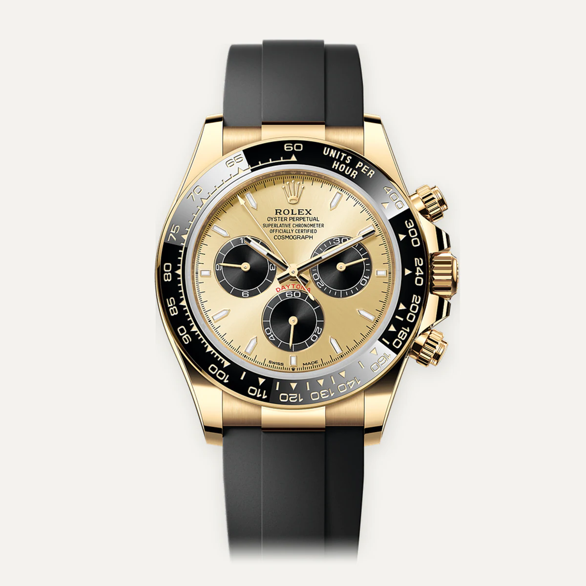 Rolex Cosmograph Daytona 40، ميناء شمبانيا مع عدادات سوداء · حزام بنمط أويسترفليكس · الجيل الحالي — صورة توضيحية وليست صورة للقطعة