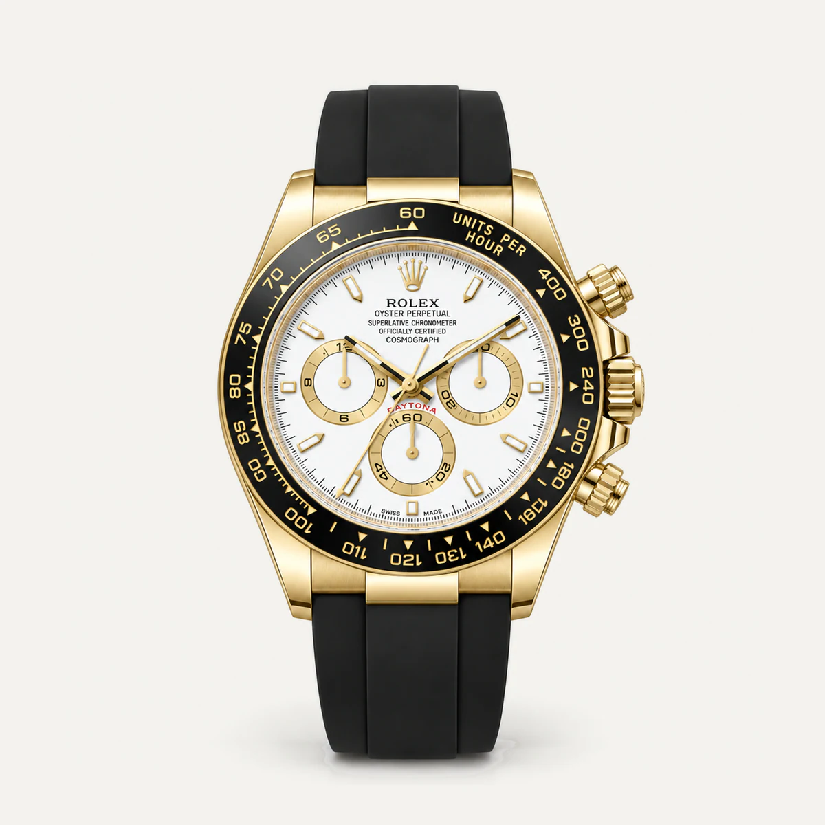 Rolex Cosmograph Daytona 40، ميناء أبيض · حزام بنمط أويسترفليكس · الجيل الحالي — صورة توضيحية وليست صورة للقطعة