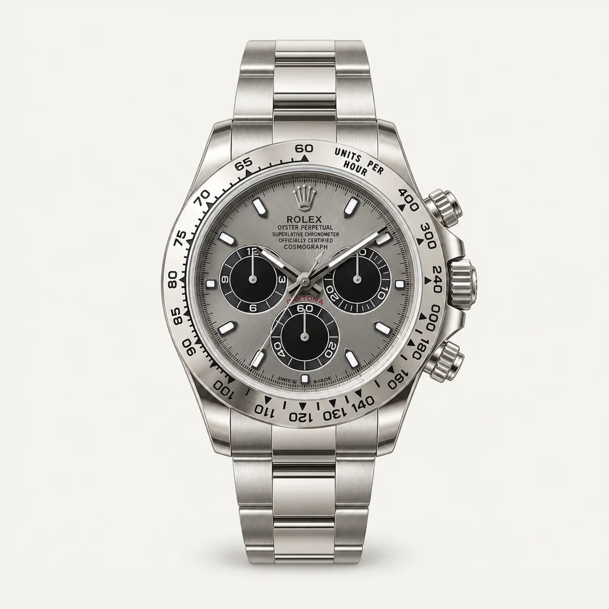 Rolex Cosmograph Daytona 40، ميناء رمادي أردوازي · سوار أويستر · الجيل السابق — صورة توضيحية وليست صورة للقطعة