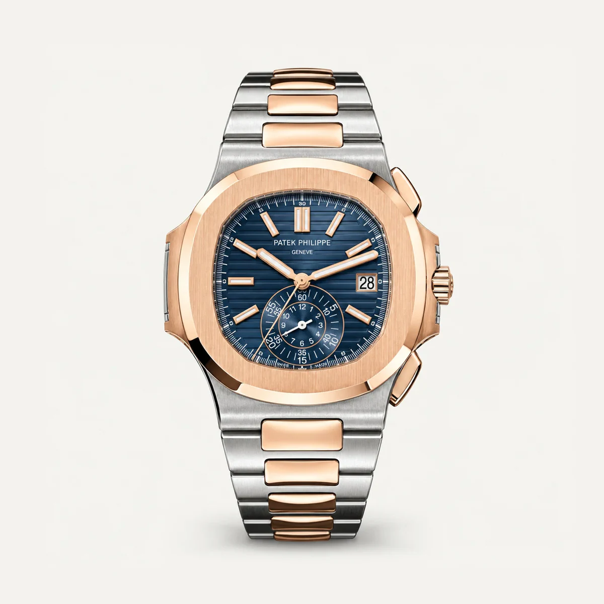 Patek Philippe Nautilus Chronograph 5980/1AR، ميناء أزرق · ستيل ولون الذهب الوردي — صورة توضيحية وليست صورة للقطعة