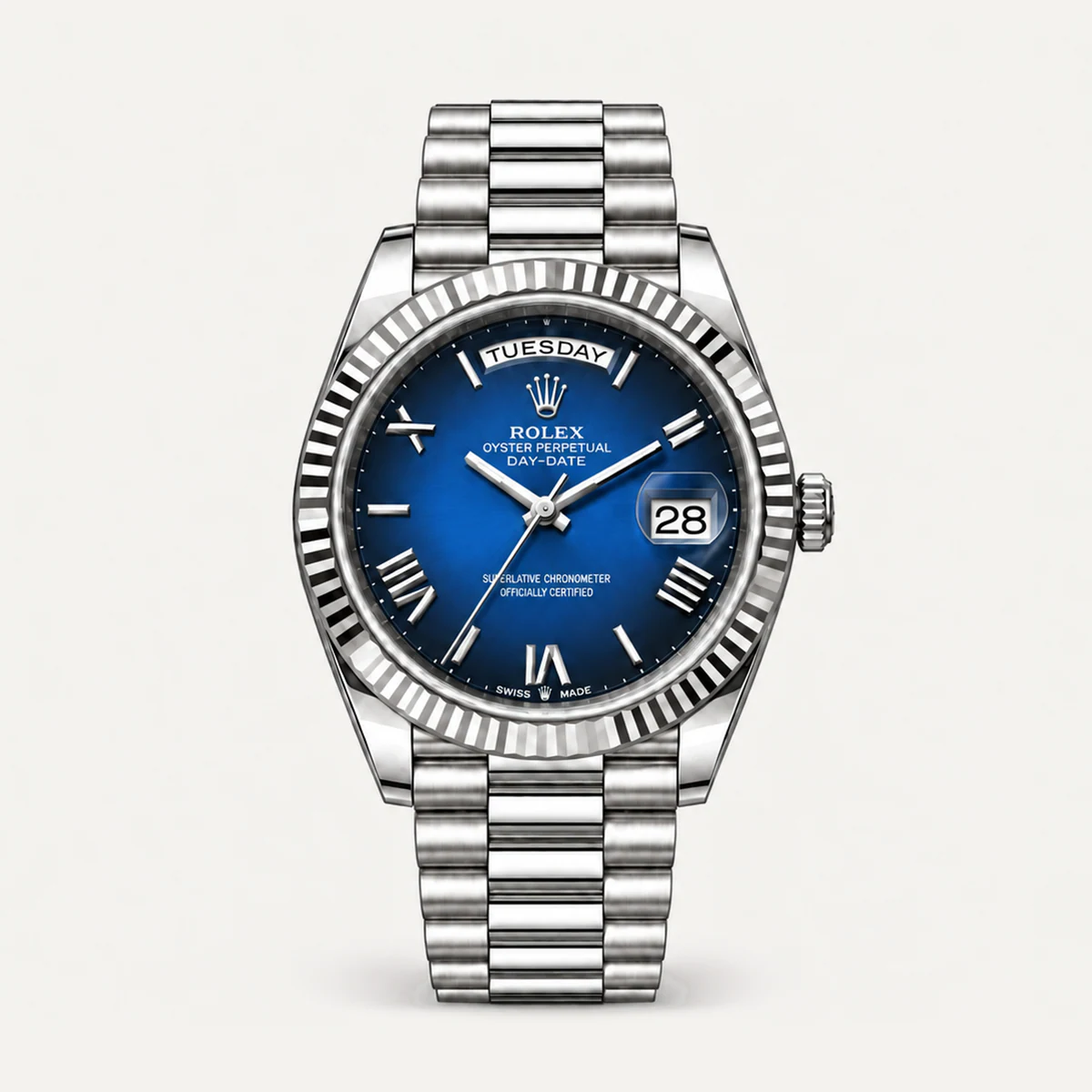 Rolex Day-Date 40, Blue gradient dial · Roman numerals · President — illustrative render, not a photograph of the piece