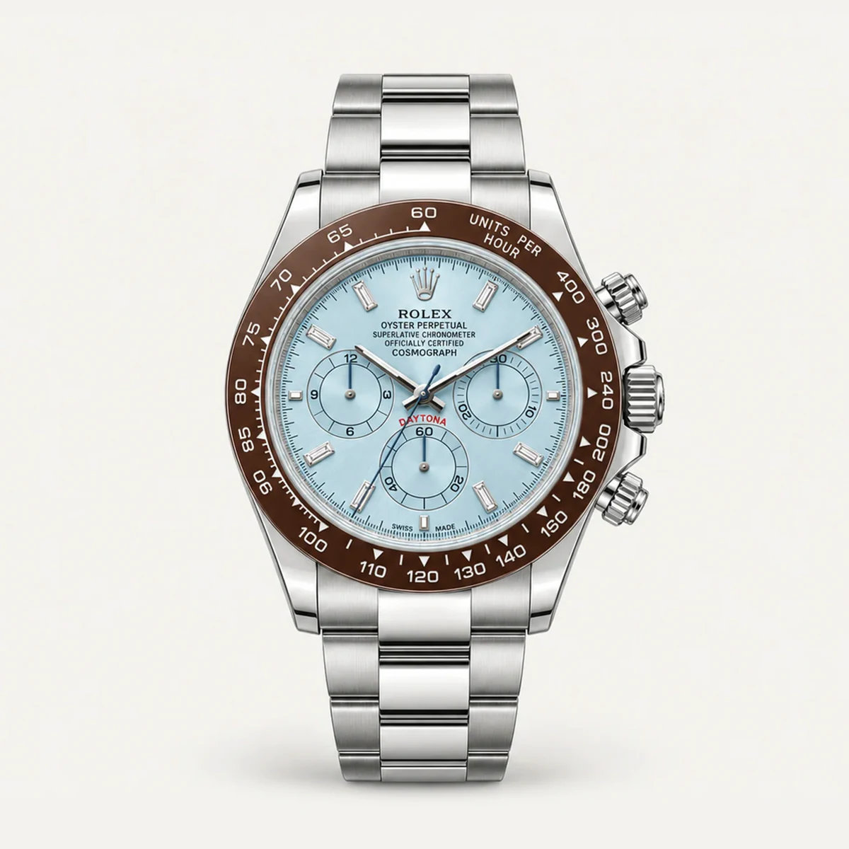 Rolex Cosmograph Daytona 40, Ice blue dial · Baguette-set markers (simulated) · Oyster · Previous generation — illustrative render, not a photograph of the piece