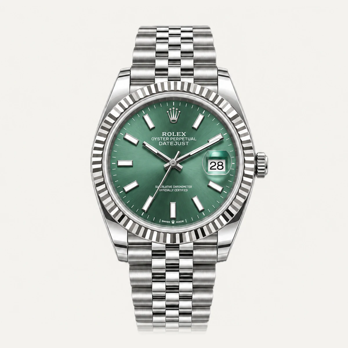 Rolex Datejust 41, Mint green dial · Fluted bezel · Jubilee — illustrative render, not a photograph of the piece