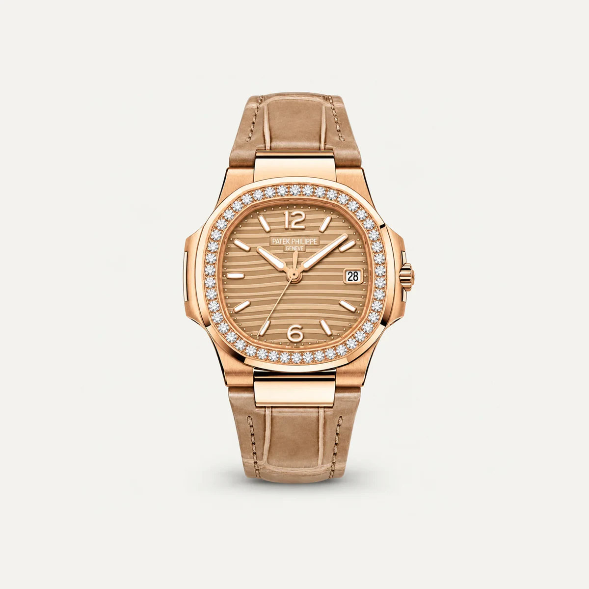 Patek Philippe Nautilus 7010R، ميناء ذهبي · لون الذهب الوردي · إطار مرصّع · حزام جلدي — صورة توضيحية وليست صورة للقطعة