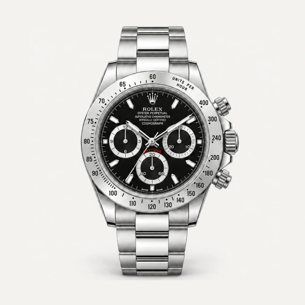 Rolex Cosmograph Daytona 40, Black dial · Oyster · Previous generation — illustrative render, not a photograph of the piece