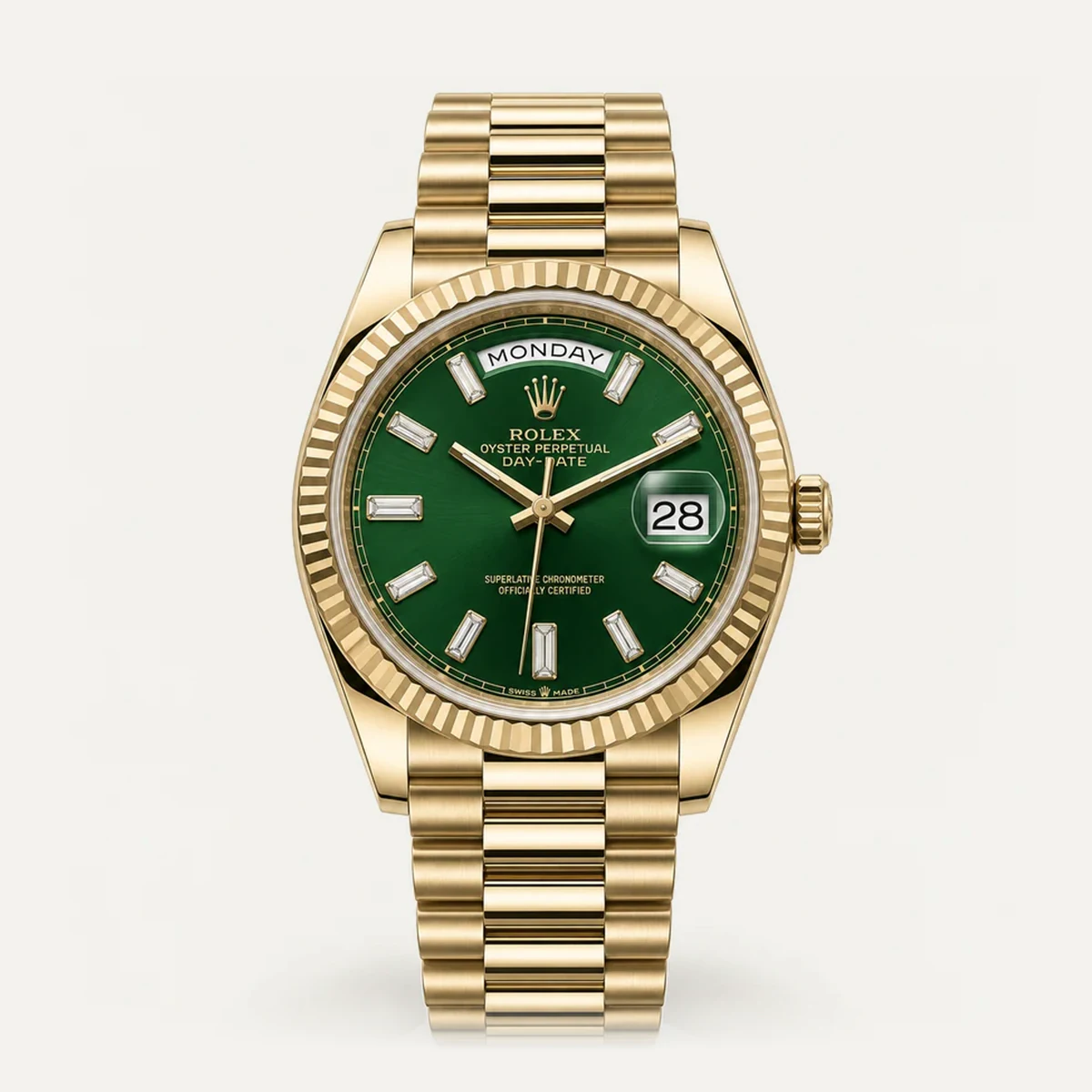 Rolex Day-Date, Green dial · Baguette-set markers (simulated) · President — illustrative render, not a photograph of the piece