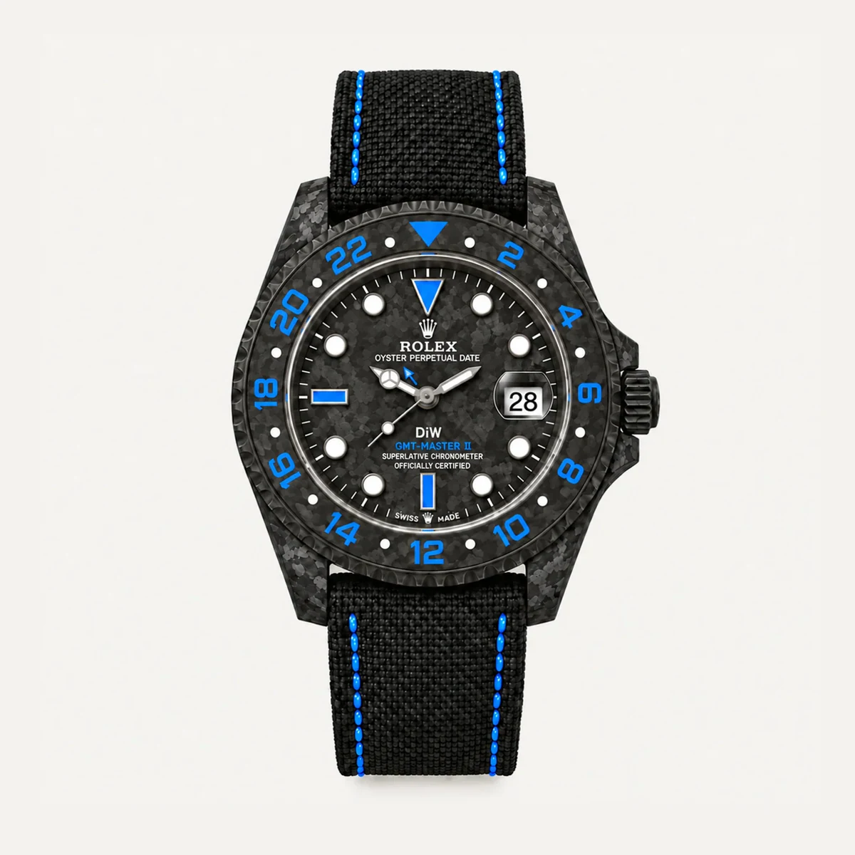 Rolex GMT-Master II 40، DiW «Carbon Blue» (تعديل خاص) · حزام قماشي (تعديل خاص) — صورة توضيحية وليست صورة للقطعة