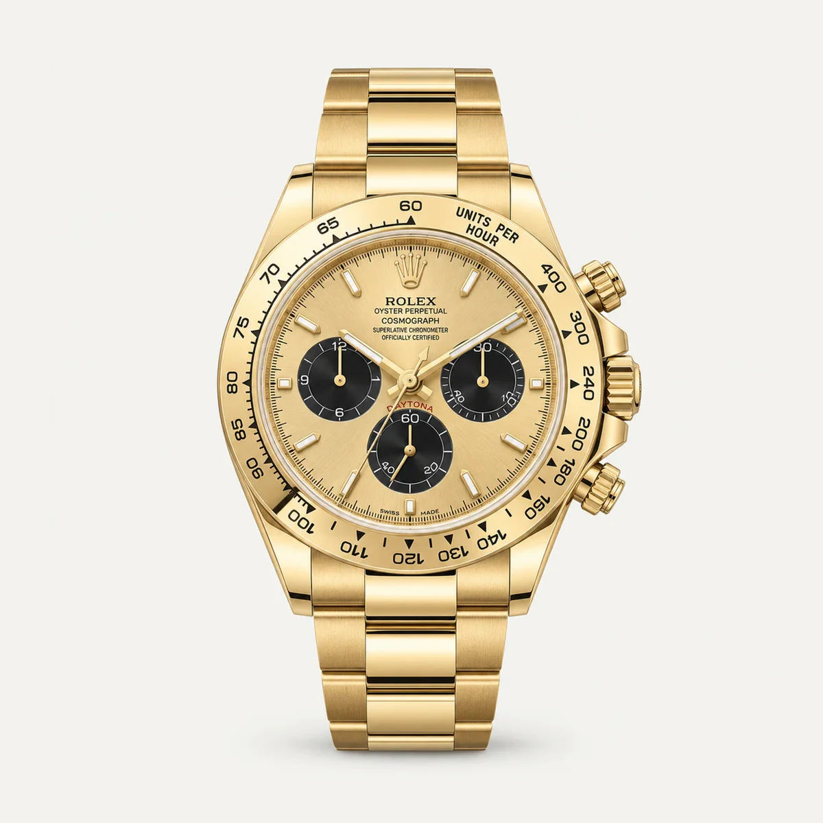 Rolex Cosmograph Daytona 40، ميناء شمبانيا مع عدادات سوداء · سوار أويستر · الجيل الحالي — صورة توضيحية وليست صورة للقطعة