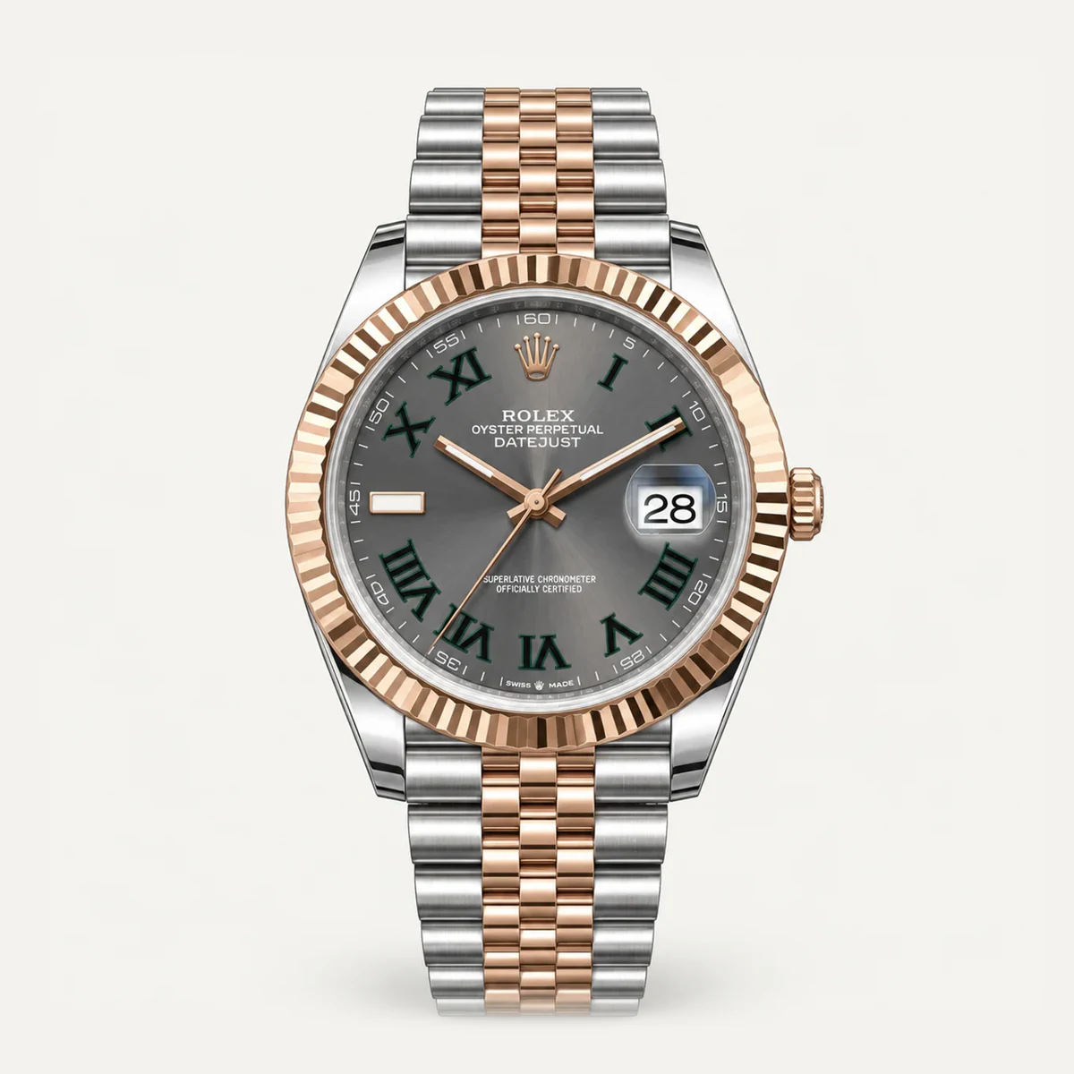 Rolex Datejust 41, Slate “Wimbledon” dial · Fluted bezel · Roman numerals · Jubilee — illustrative render, not a photograph of the piece