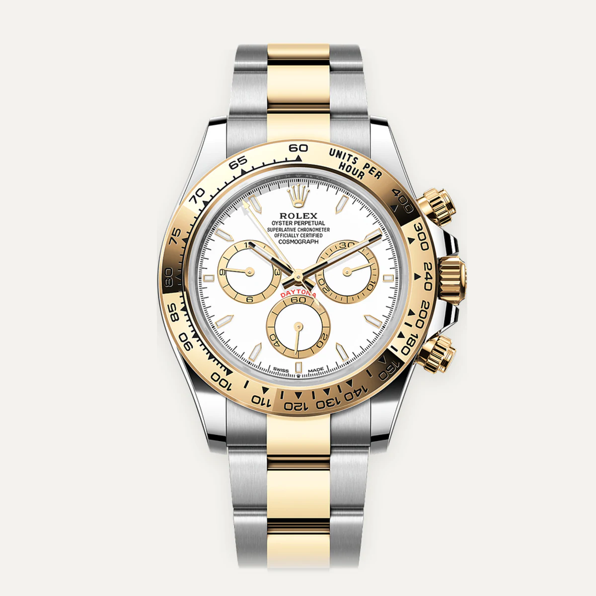 Rolex Cosmograph Daytona 40، ميناء أبيض · سوار أويستر · الجيل الحالي — صورة توضيحية وليست صورة للقطعة
