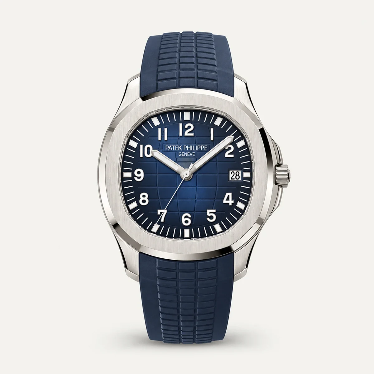 Patek Philippe Aquanaut 5168G، ميناء أزرق · لون الذهب الأبيض — صورة توضيحية وليست صورة للقطعة