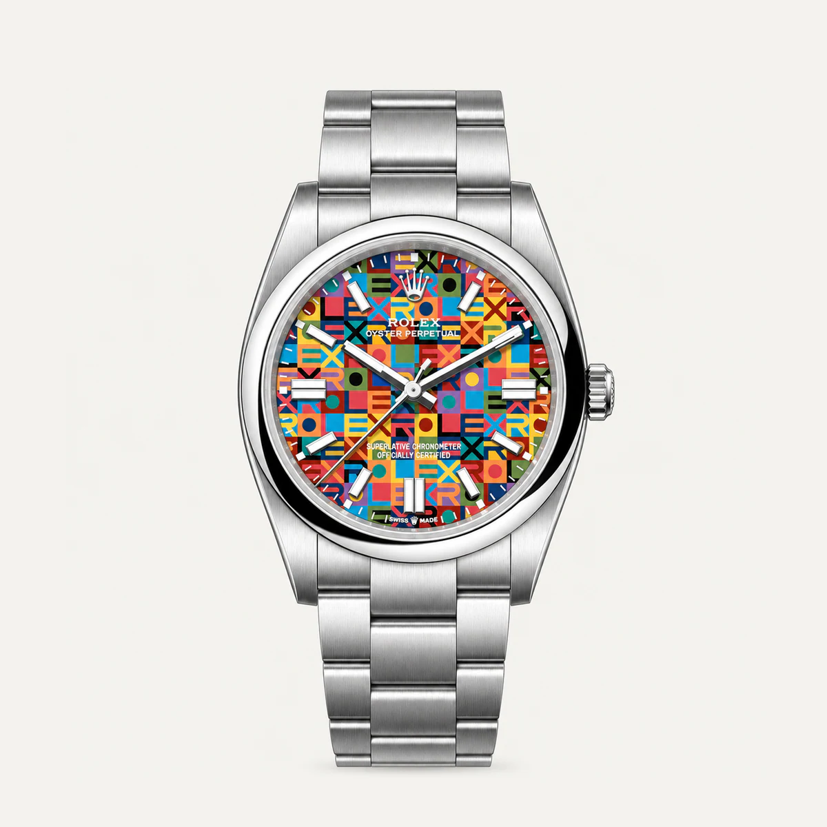 Rolex Oyster Perpetual 36, Multicolour “Jubilee” motif dial — illustrative render, not a photograph of the piece
