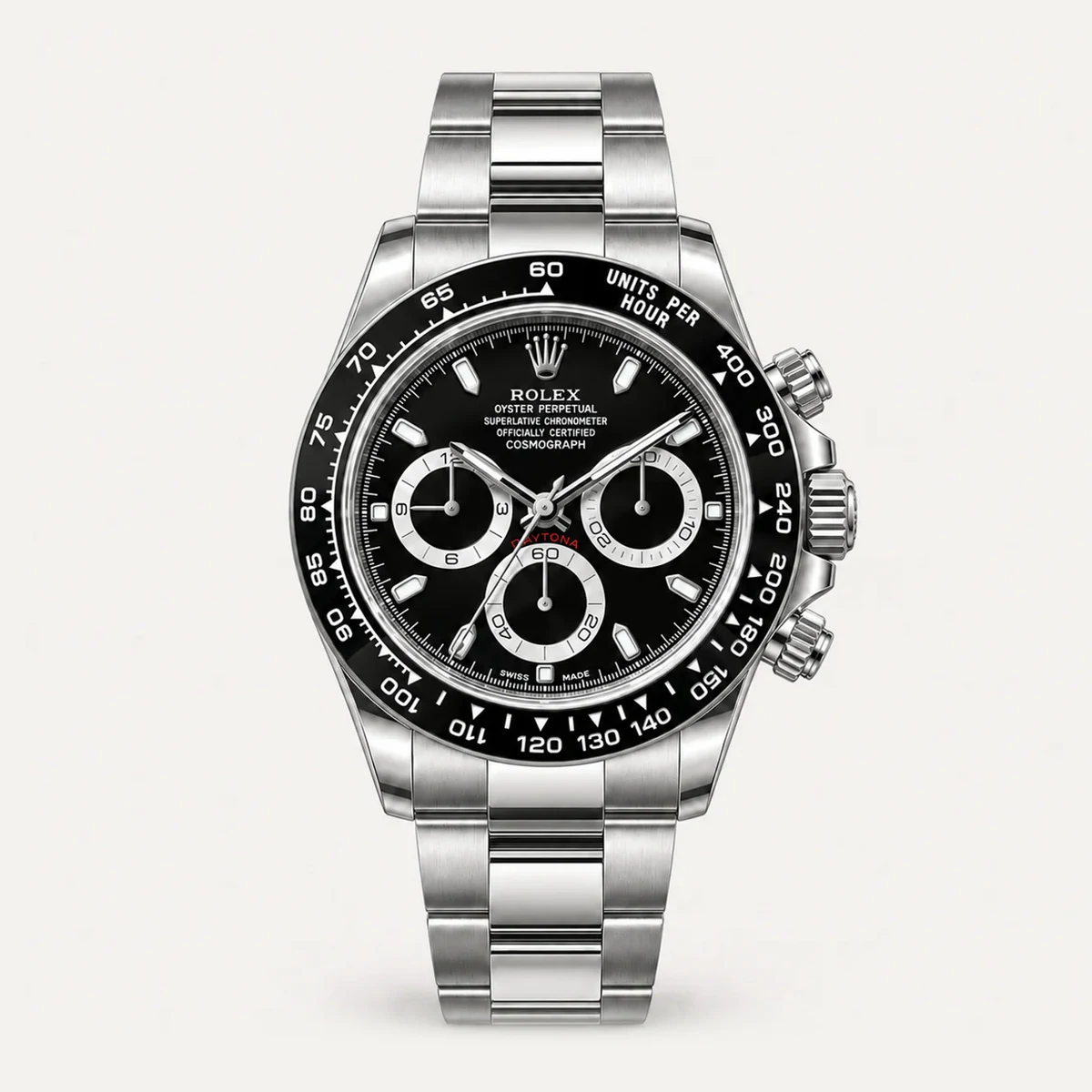 Rolex Cosmograph Daytona 40، ميناء أسود · سوار أويستر · الجيل السابق — صورة توضيحية وليست صورة للقطعة