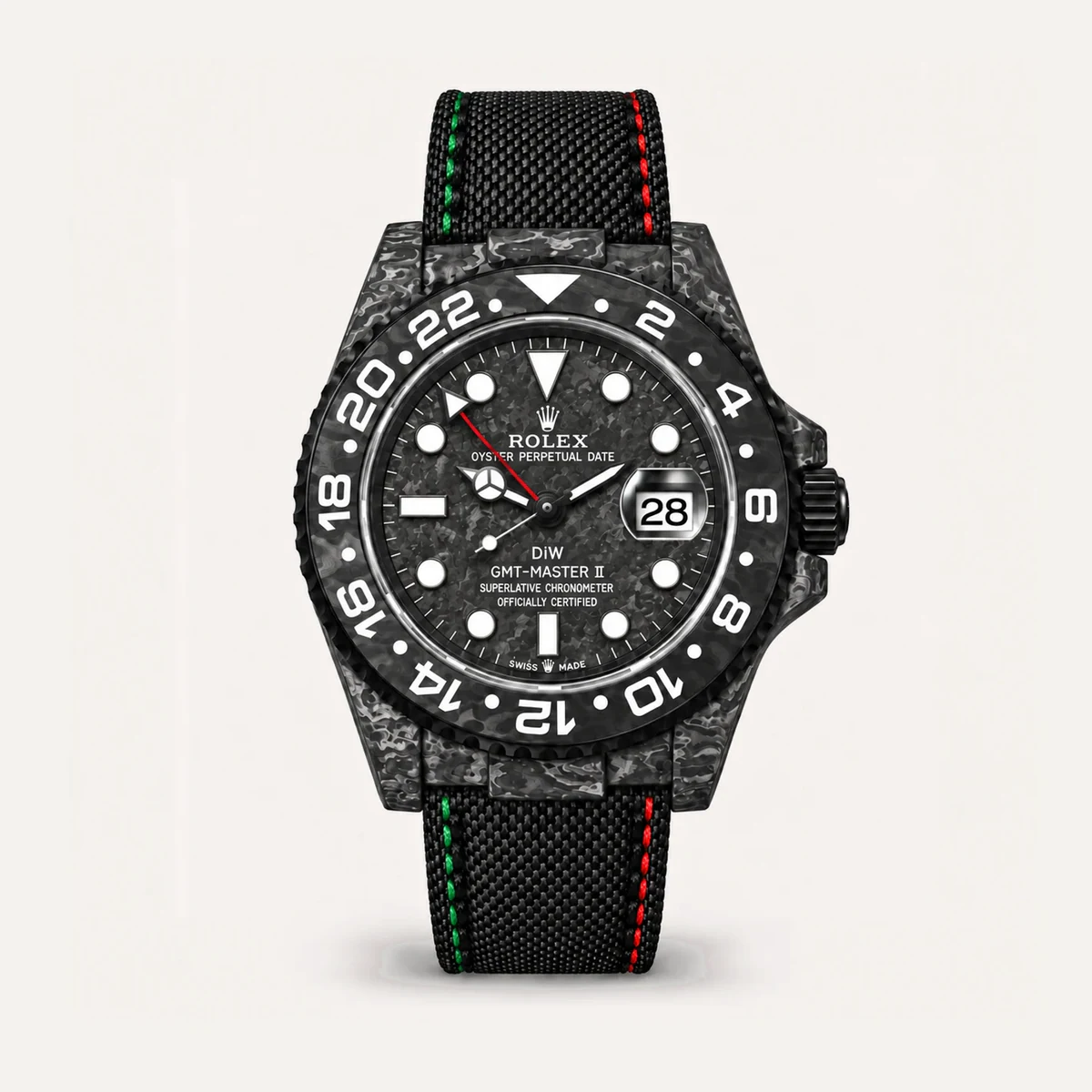Rolex GMT-Master II 40، DiW «Carbon Stealth» (تعديل خاص) · حزام قماشي (تعديل خاص) — صورة توضيحية وليست صورة للقطعة