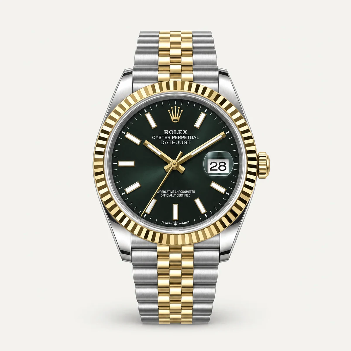 Rolex Datejust 41، ميناء أخضر · إطار مخدد · سوار جوبلي — صورة توضيحية وليست صورة للقطعة